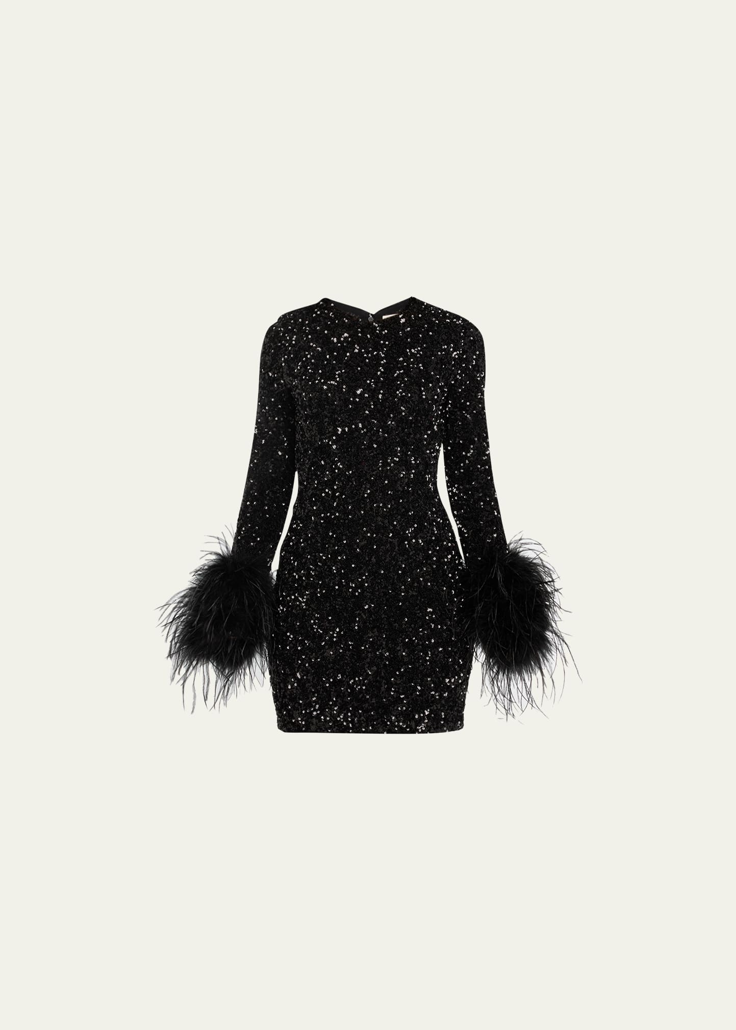 alice + olivia delora sequin mini dress with feather cuffs ALICE + OLIVIA Delora Sequined Feather Cuff Mini Dress