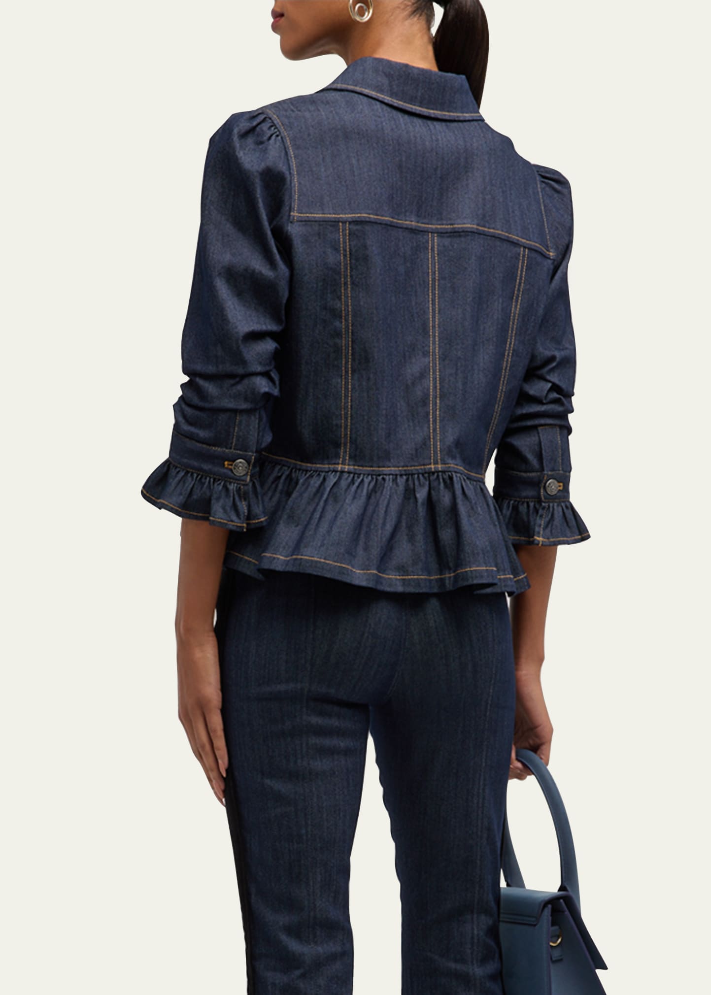 Cinq a Sept Delanie Scrunched-Sleeve Peplum Denim Jacket