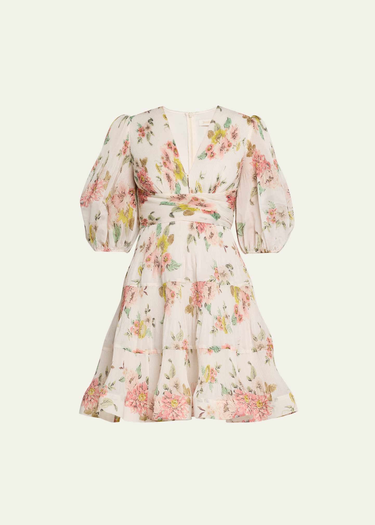 zimmermann pleated long sleeve mini dress Zimmermann Floral Pleated Puff-Sleeve Mini Dress