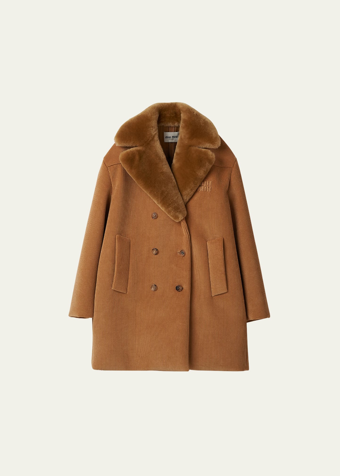 Miu Miu Logo-Embroidered Corduroy Padded Coat with Shearling