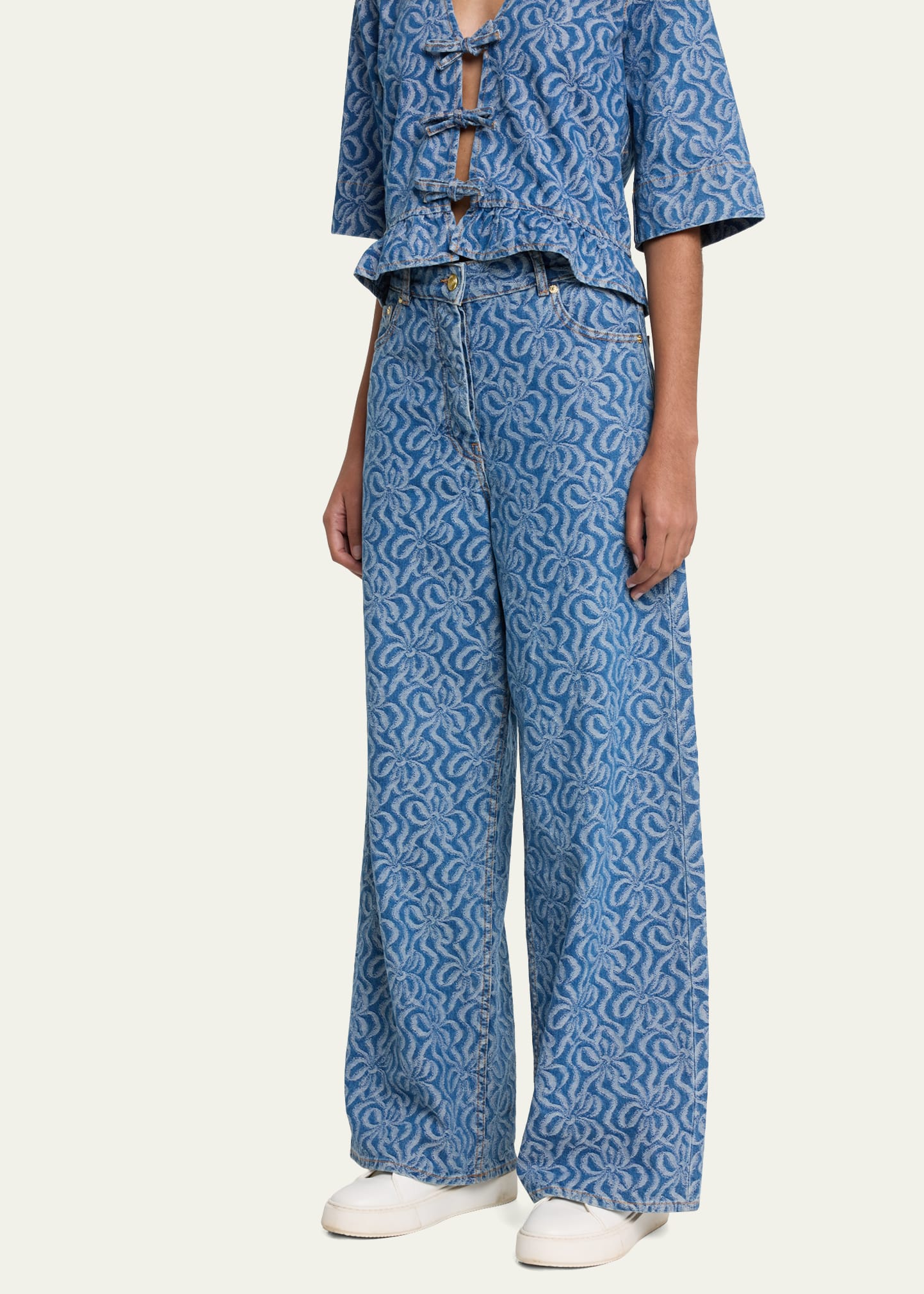 GANNI　Jacquard Denim Wide Pants Ganni Jacquard Denim Wide Pants in Mid Blue Stone | FWRD
