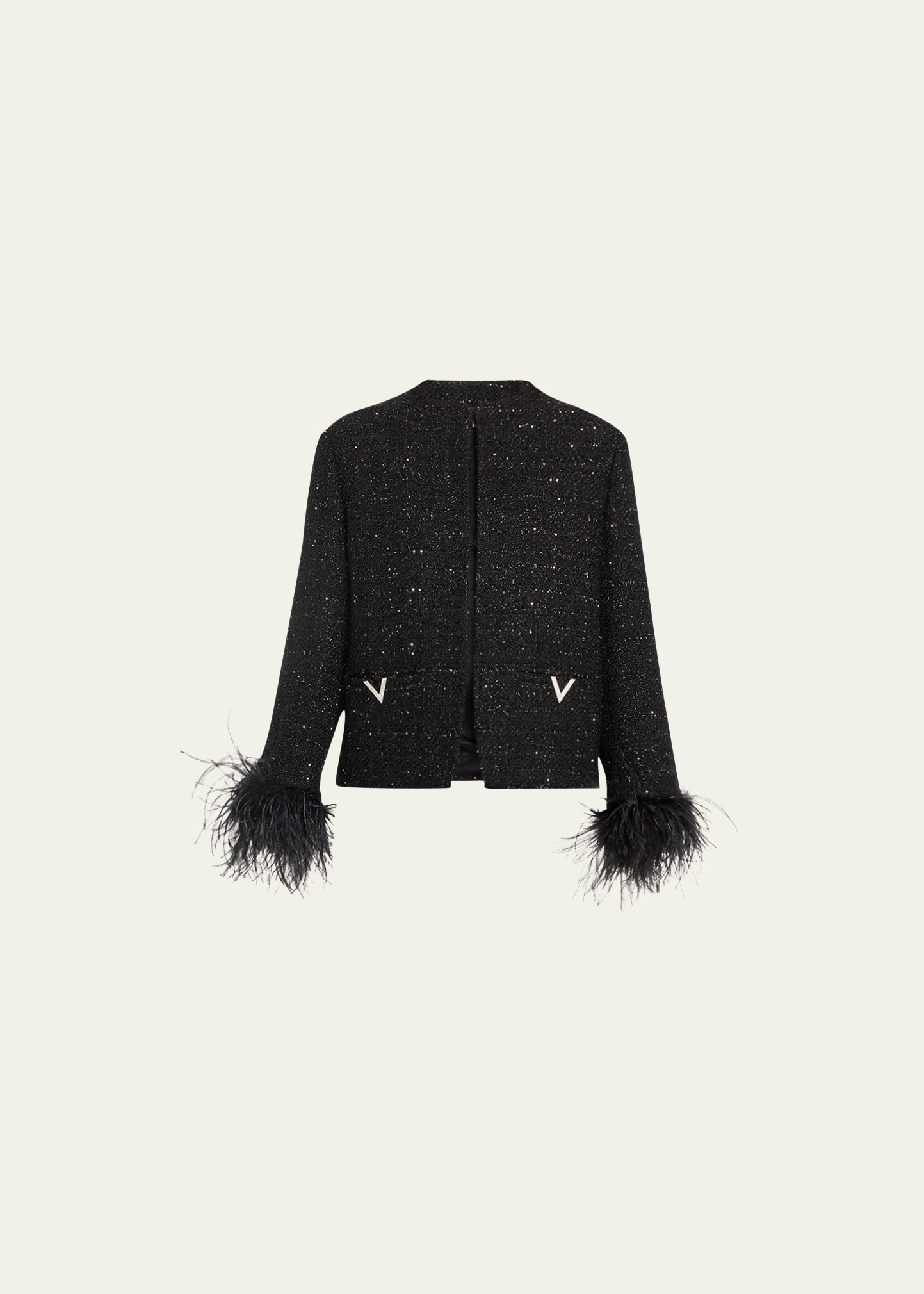 Valentino Garavani Lurex Tweed Feather Cuff Boxy Blazer - Bergdorf