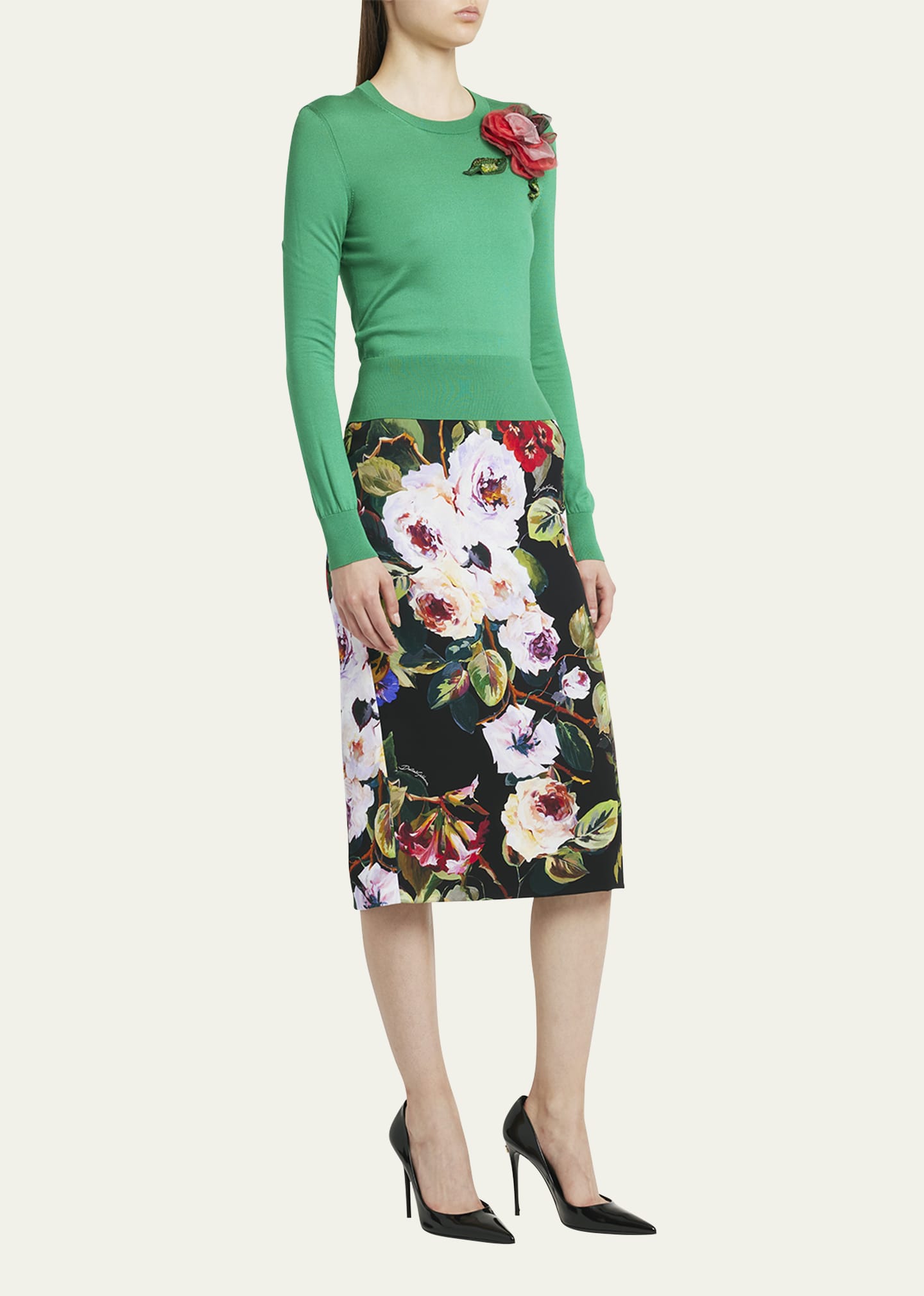 Dolce&Gabbana Silk Knit Sweater with Floral Applique Detail