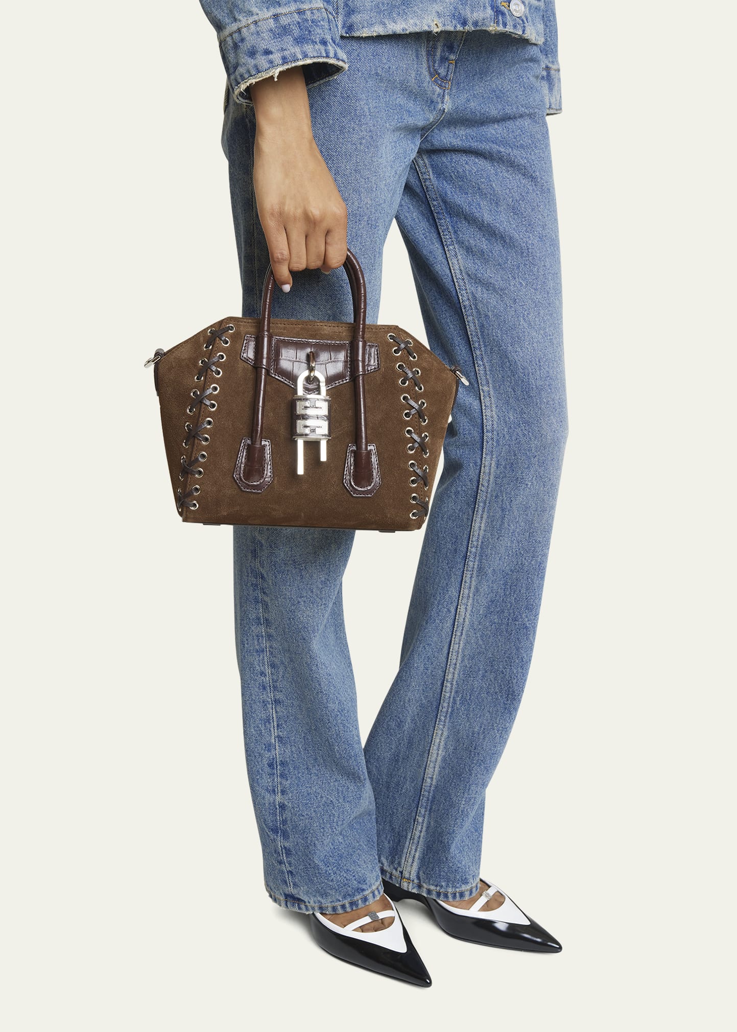 Givenchy Mini Antigona Lock Top-Handle Bag in Suede with Corset