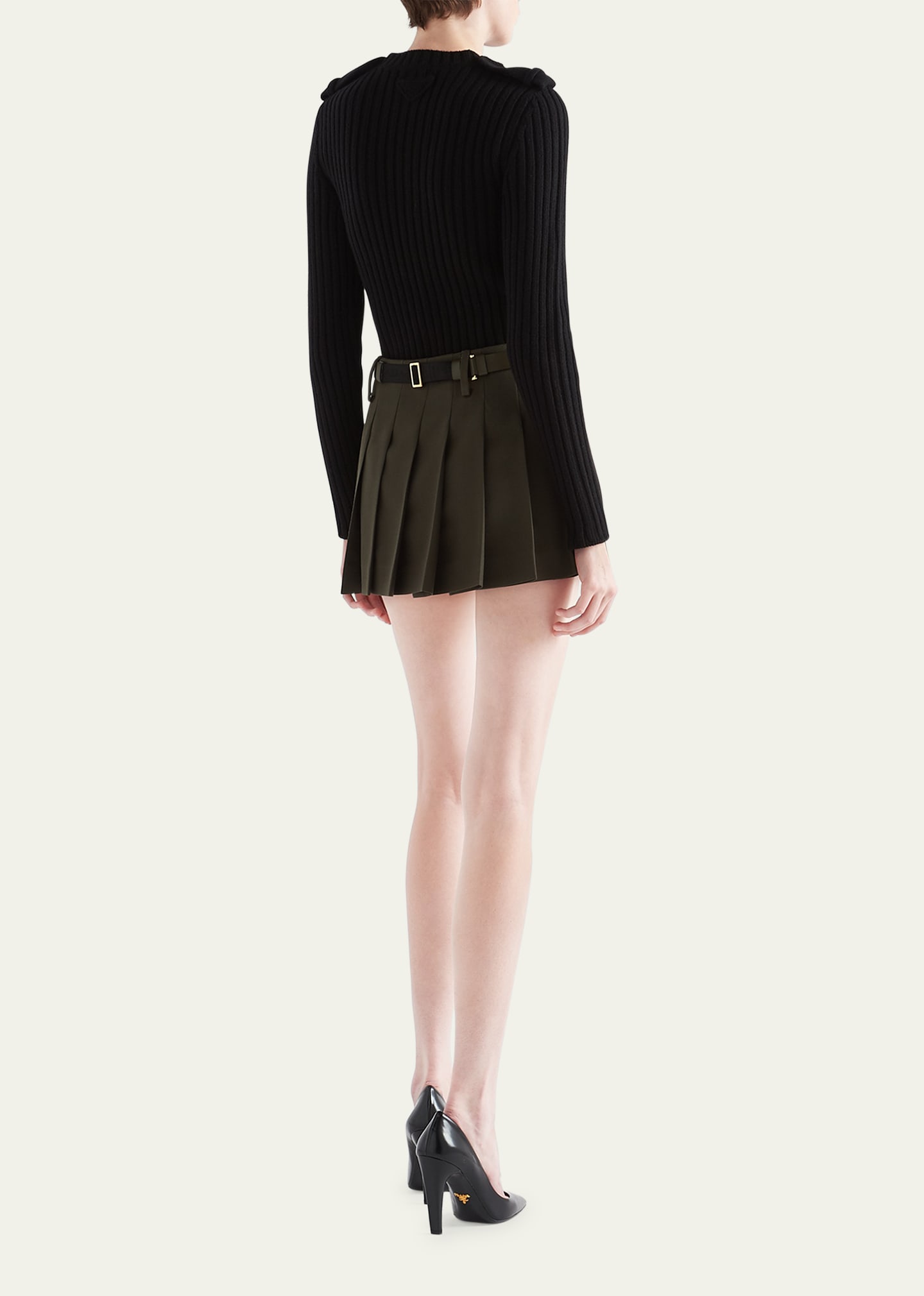 Prada Pleated Gabardine Leather Belted Mini Skirt - Bergdorf Goodman