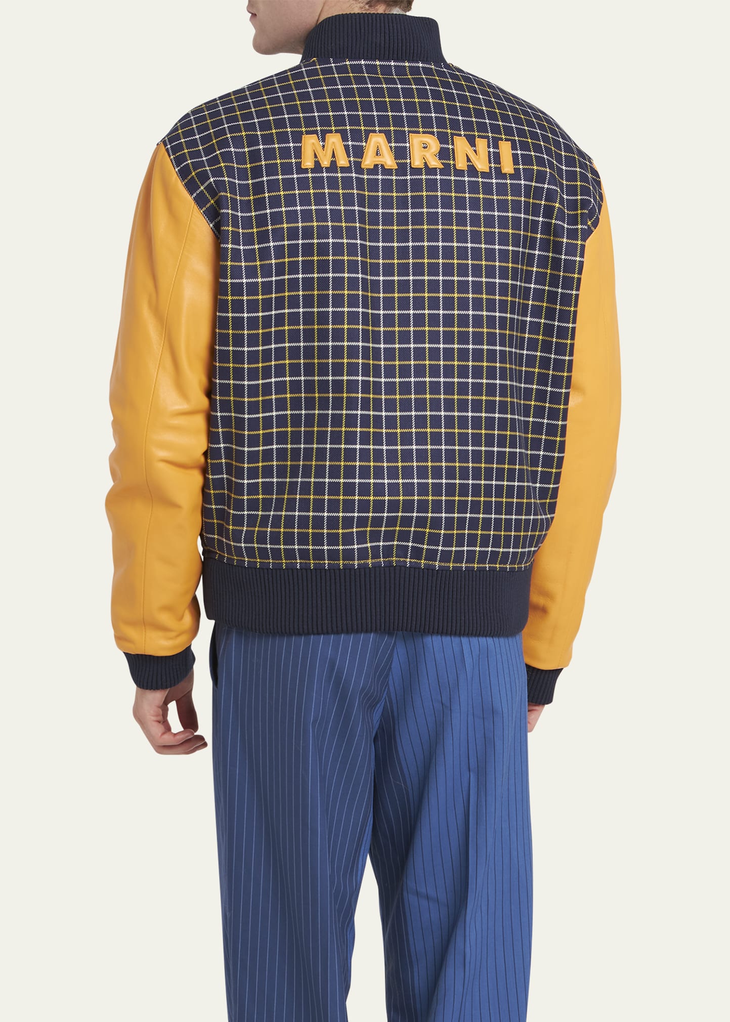 Marni Men's Check Varsity Jacket with Leather Sleeves - Bergdorf