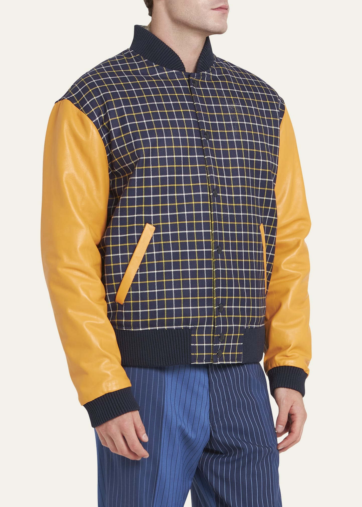 Marni Men's Check Varsity Jacket with Leather Sleeves - Bergdorf