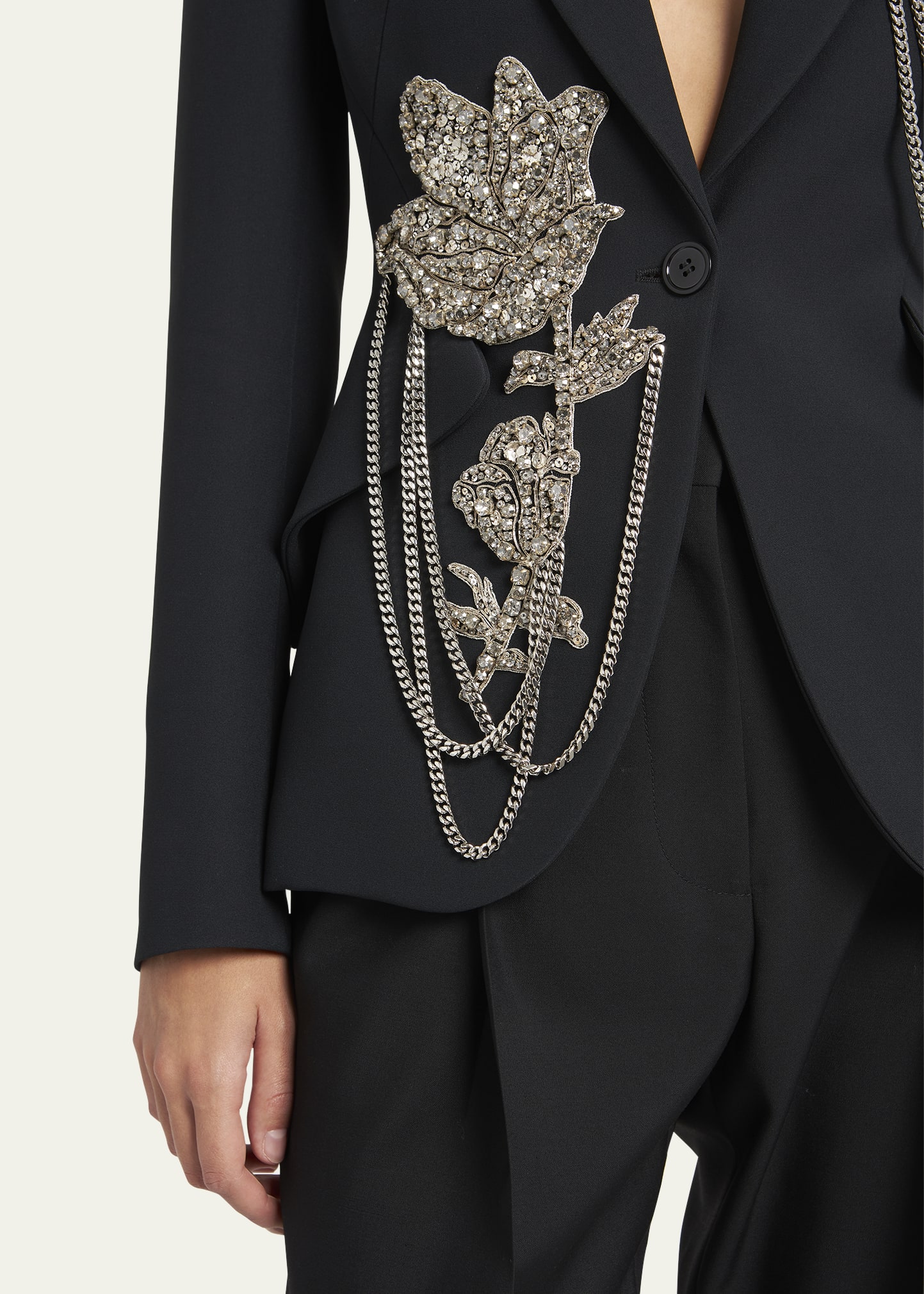 McQueen Peak Shlouder Blazer Jacket with Floral Crystal