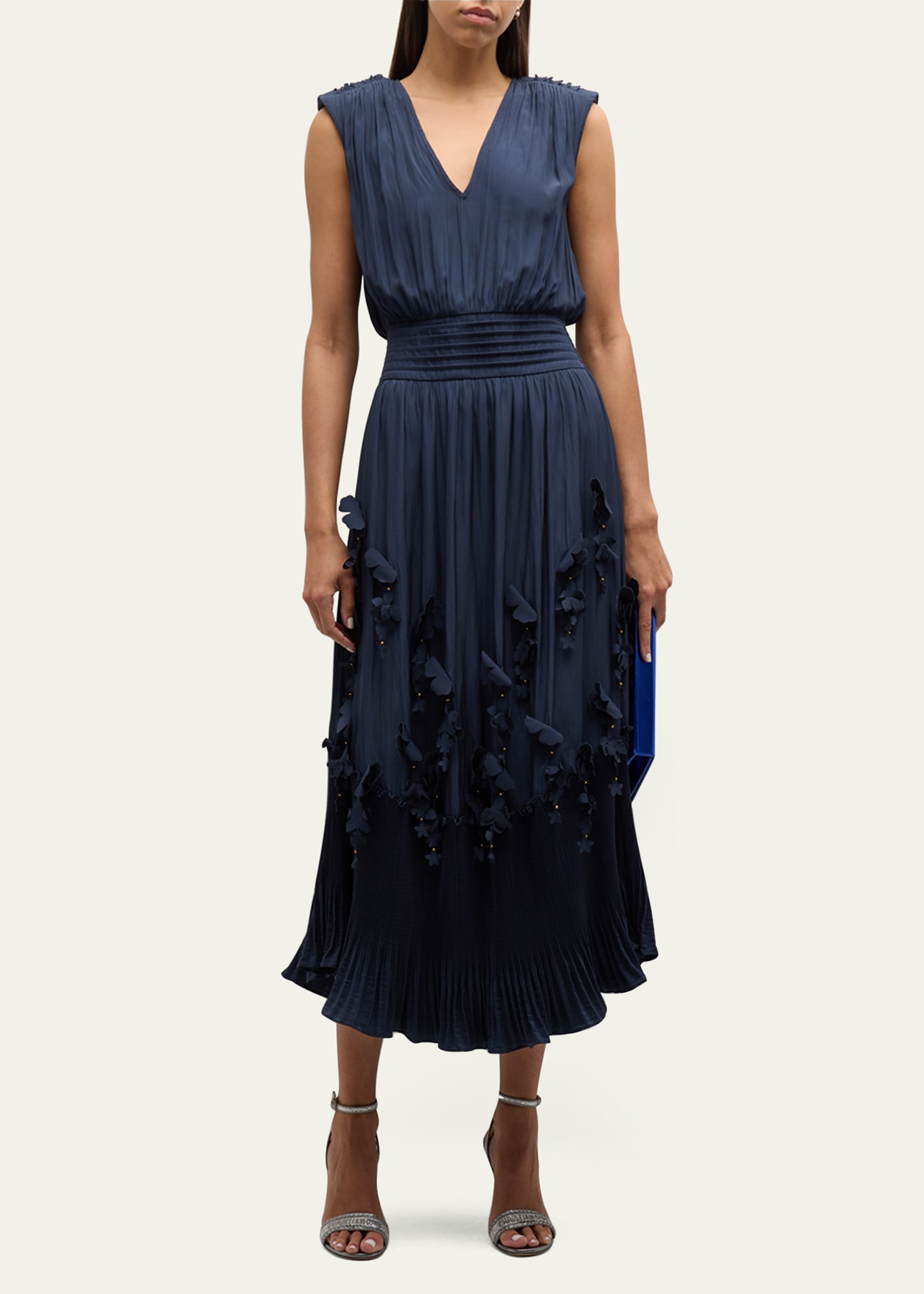 Ramy Brook Jacqueline Pleated Floral Applique Midi Dress