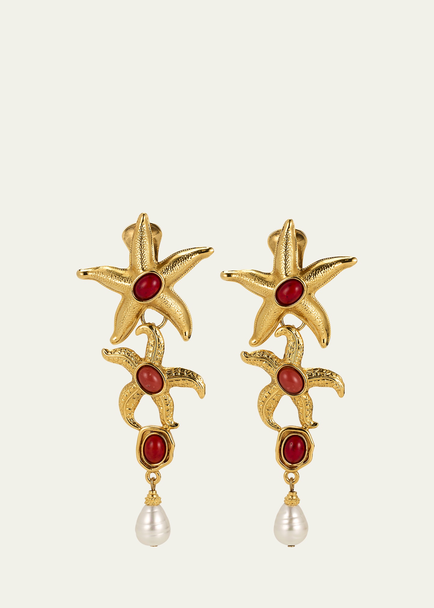 Ben Amun Starfish Clip On Earrings with Pearly Drops and Coral