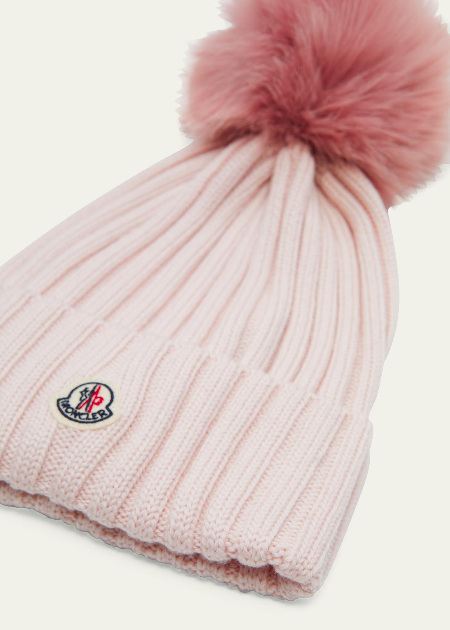 Moncler Mauve Knit Beanie with Fur Pom-Pom