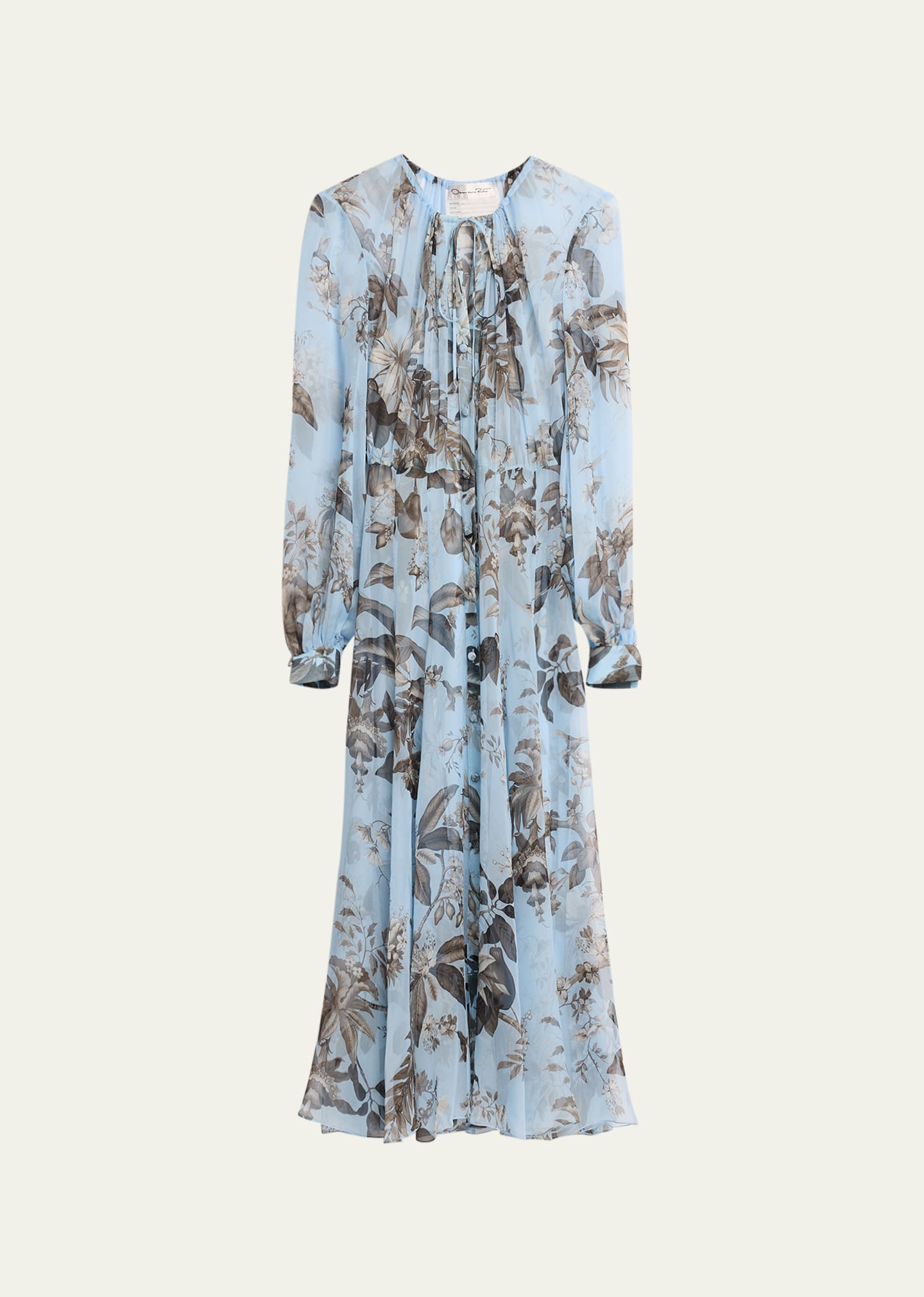 Floral And Fauna Chiffon Button Front Long Sleeve Midi Dress