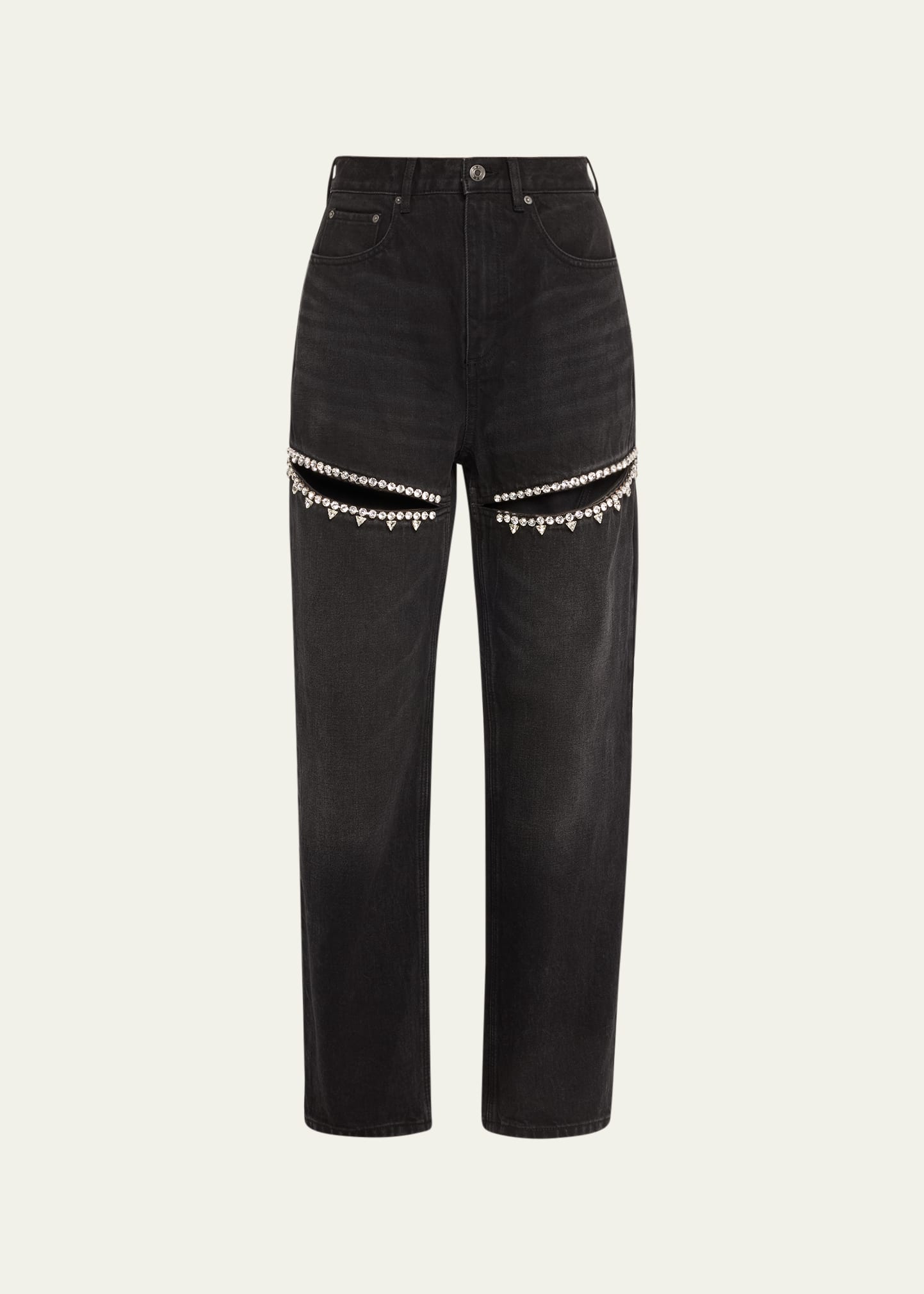 AREA Crystal Cutout Slit Straight Leg Jeans - Bergdorf Goodman