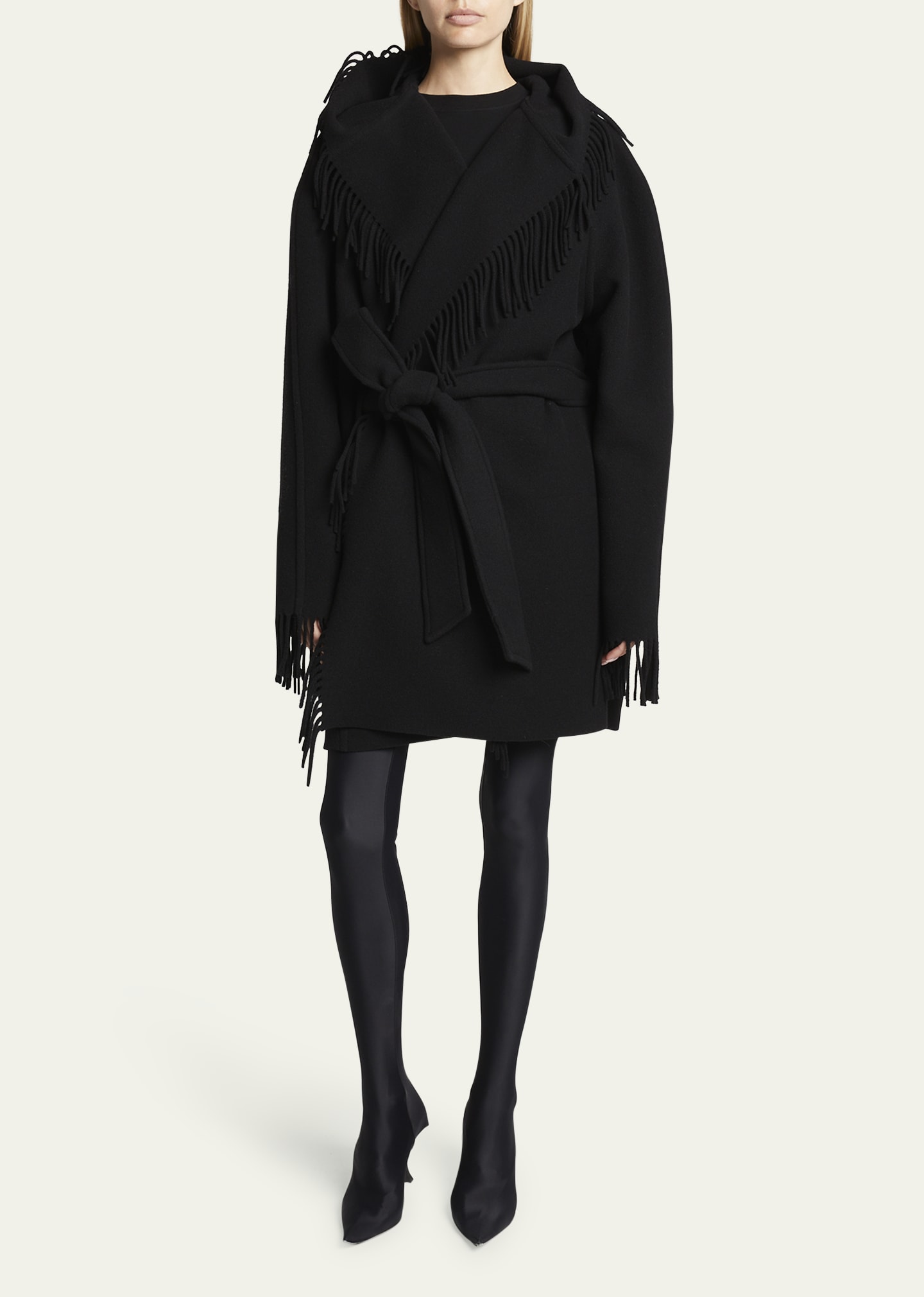 Balenciaga Hooded Fringe Oversized Self-Tie Wool Jacket