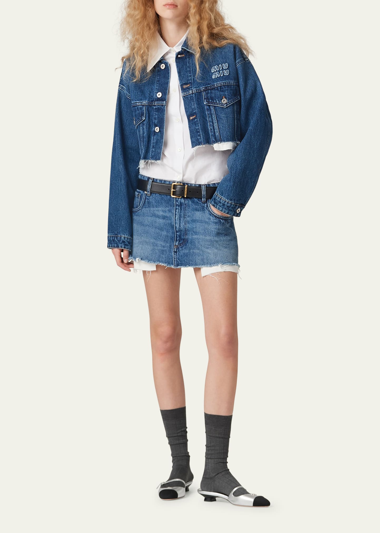 Miu Miu Logo Cropped Denim Jacket - Bergdorf Goodman