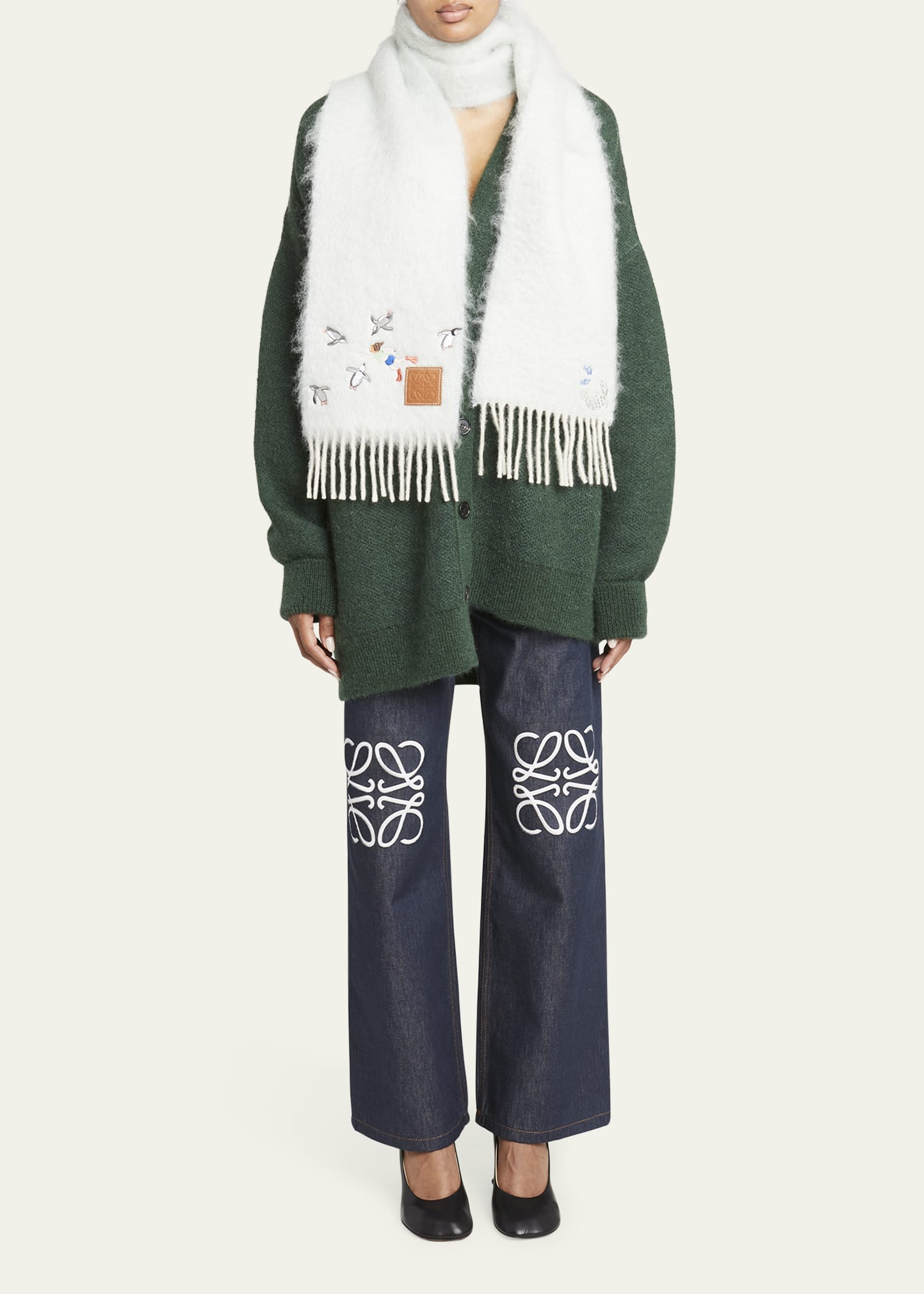 Loewe Suna Penguin Embroidered Mohair-Blend Scarf - Bergdorf Goodman