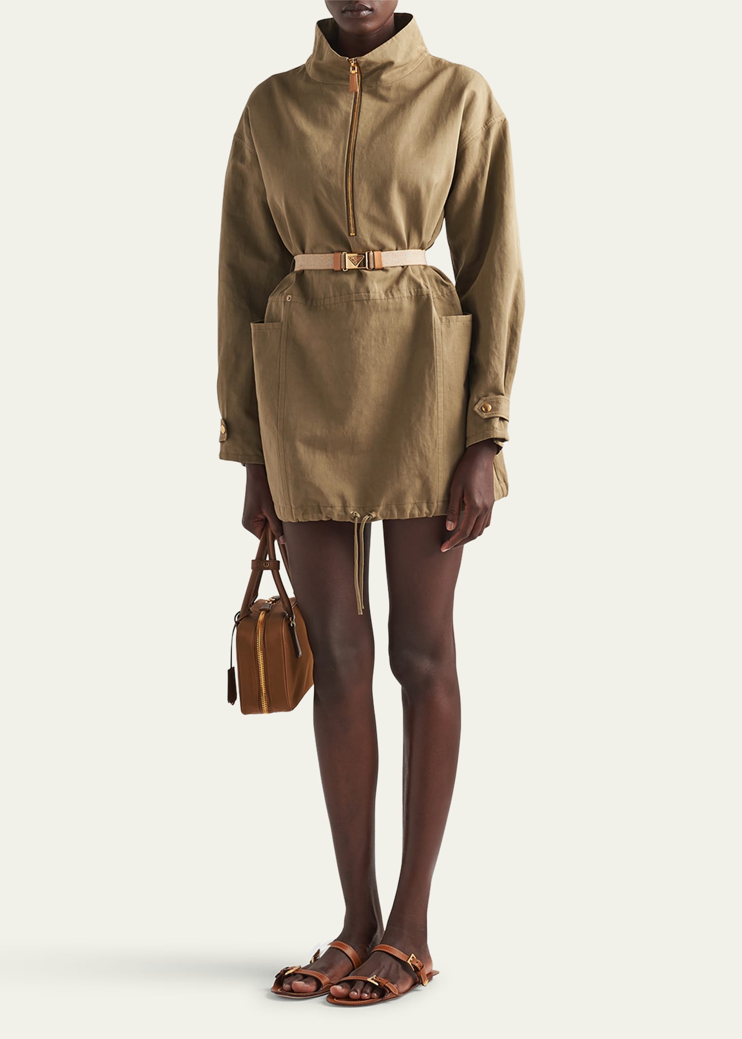Prada Drawstring Belted Panama Cotton Mini Dress - Bergdorf