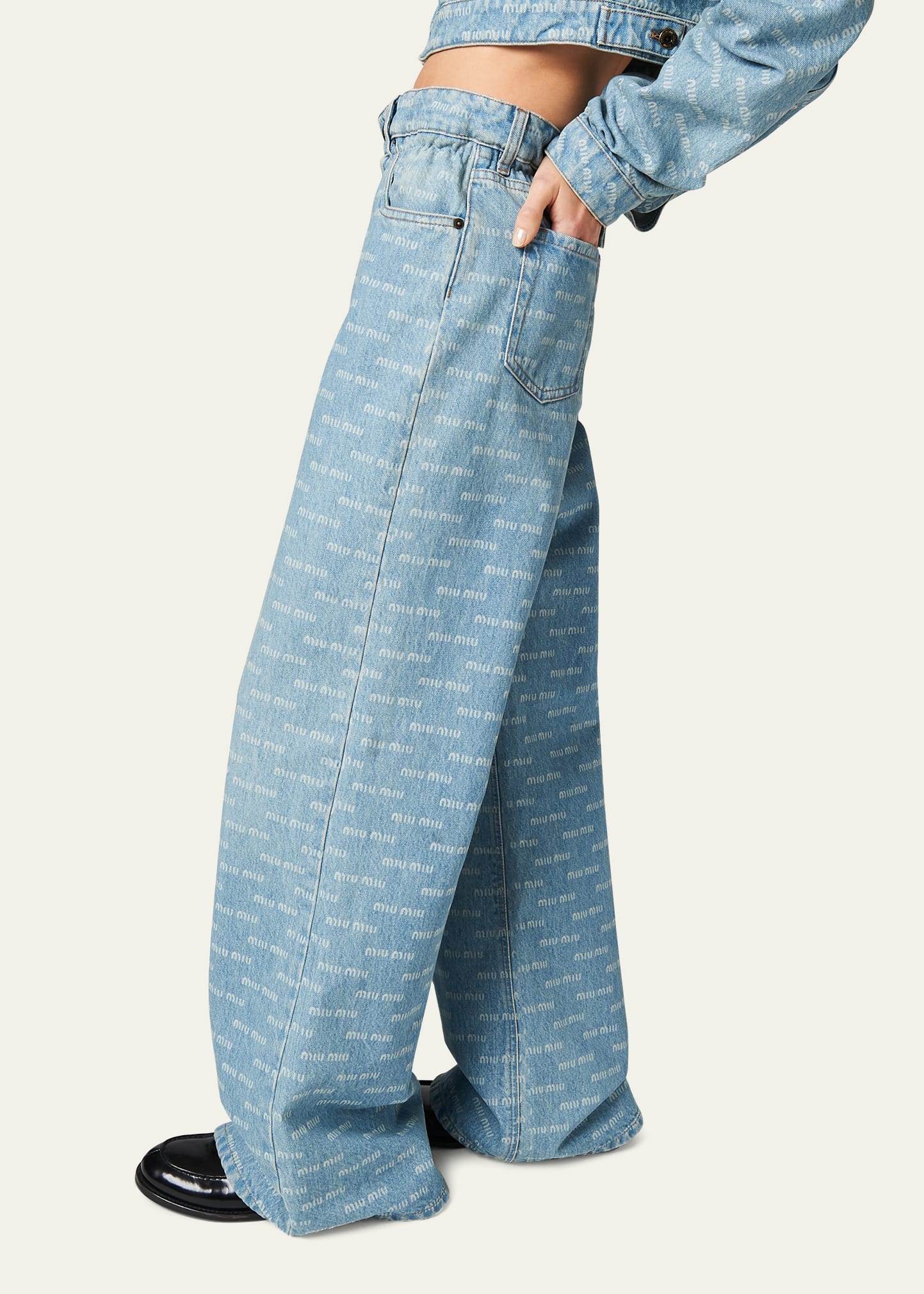 Miu Miu Paperbag Waist Denim Logo Wide-Leg Pants - Bergdorf Goodman