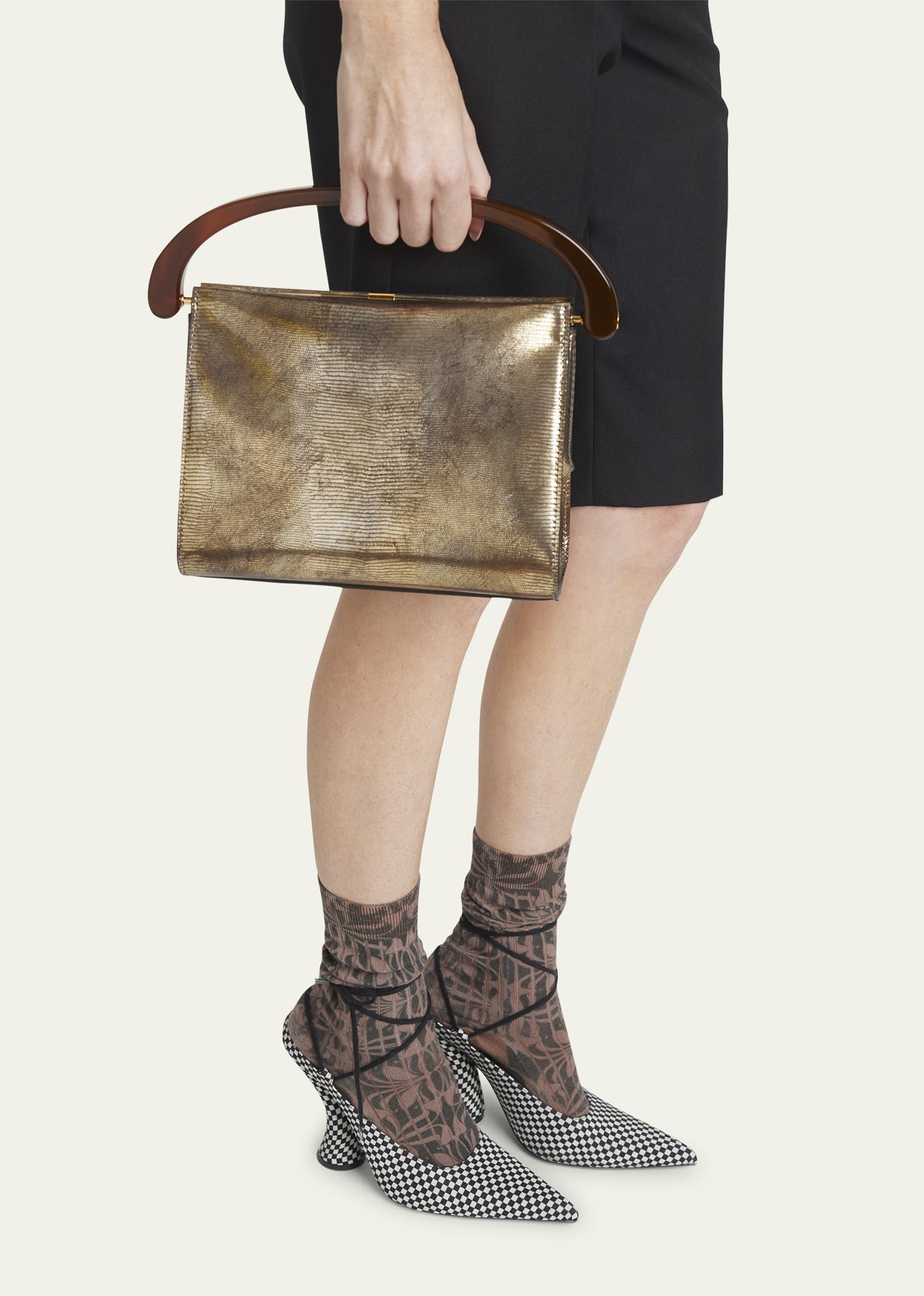Dries Van Noten Crisp Metallic Lizard-Embossed Top-Handle Bag
