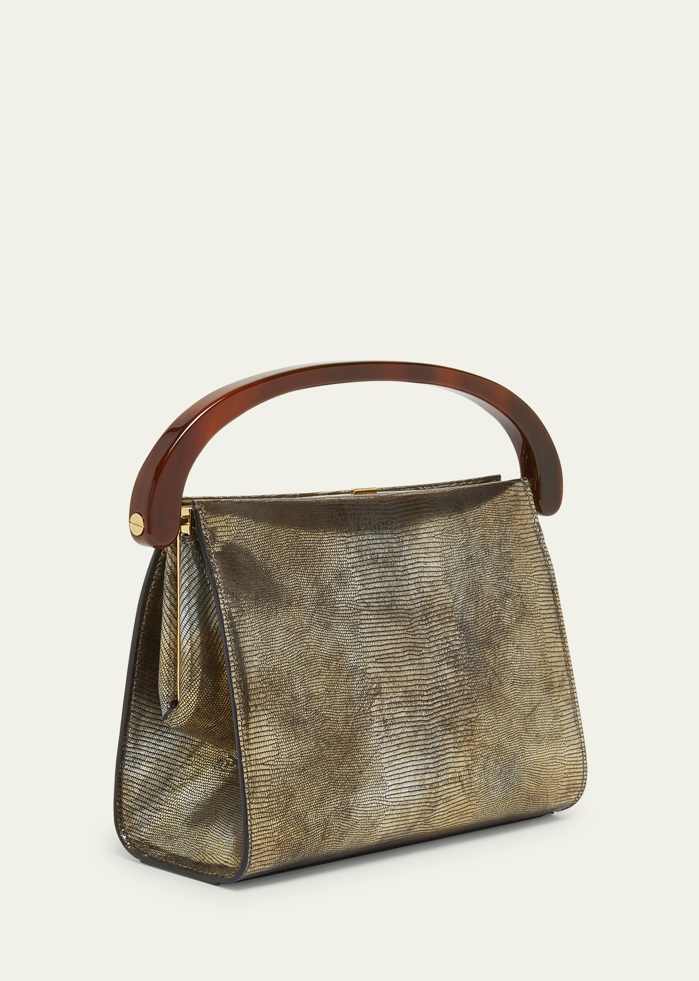 Dries Van Noten Crisp Metallic Lizard-Embossed Top-Handle Bag