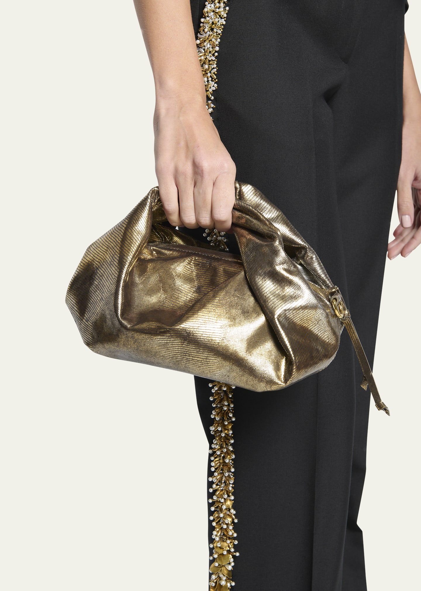 Dries Van Noten Twist Metallic Lizard-Embossed Top-Handle Bag