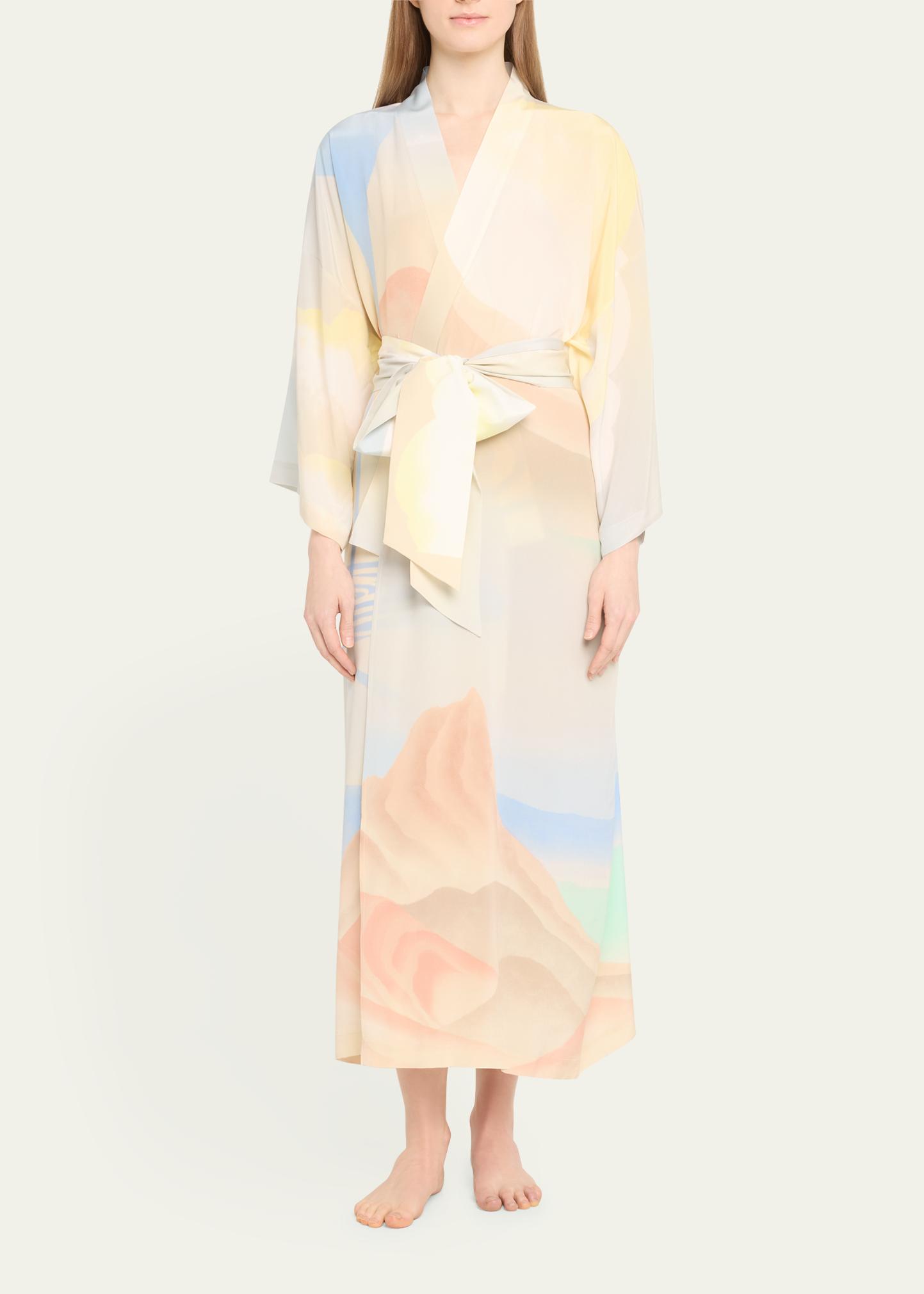Olivia von Halle Queenie Landscape-Print Silk Kimono Robe