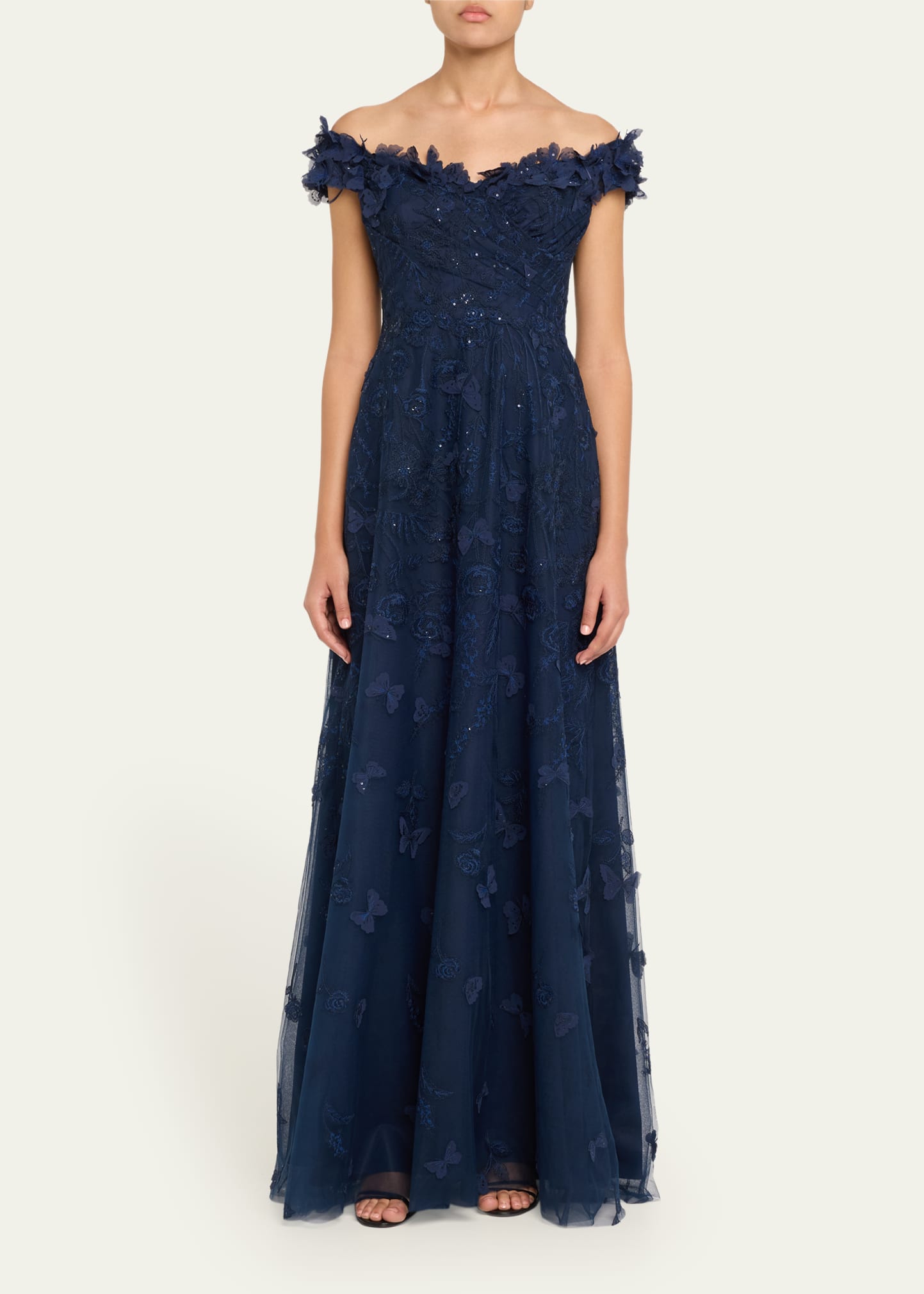 rickie freeman for teri jon floral embroidered tulle midi dress Teri Jon by Rickie Freeman Women's Butterfly Appliqué Lace-Tulle Off-The-Shoulder Gown - Navy