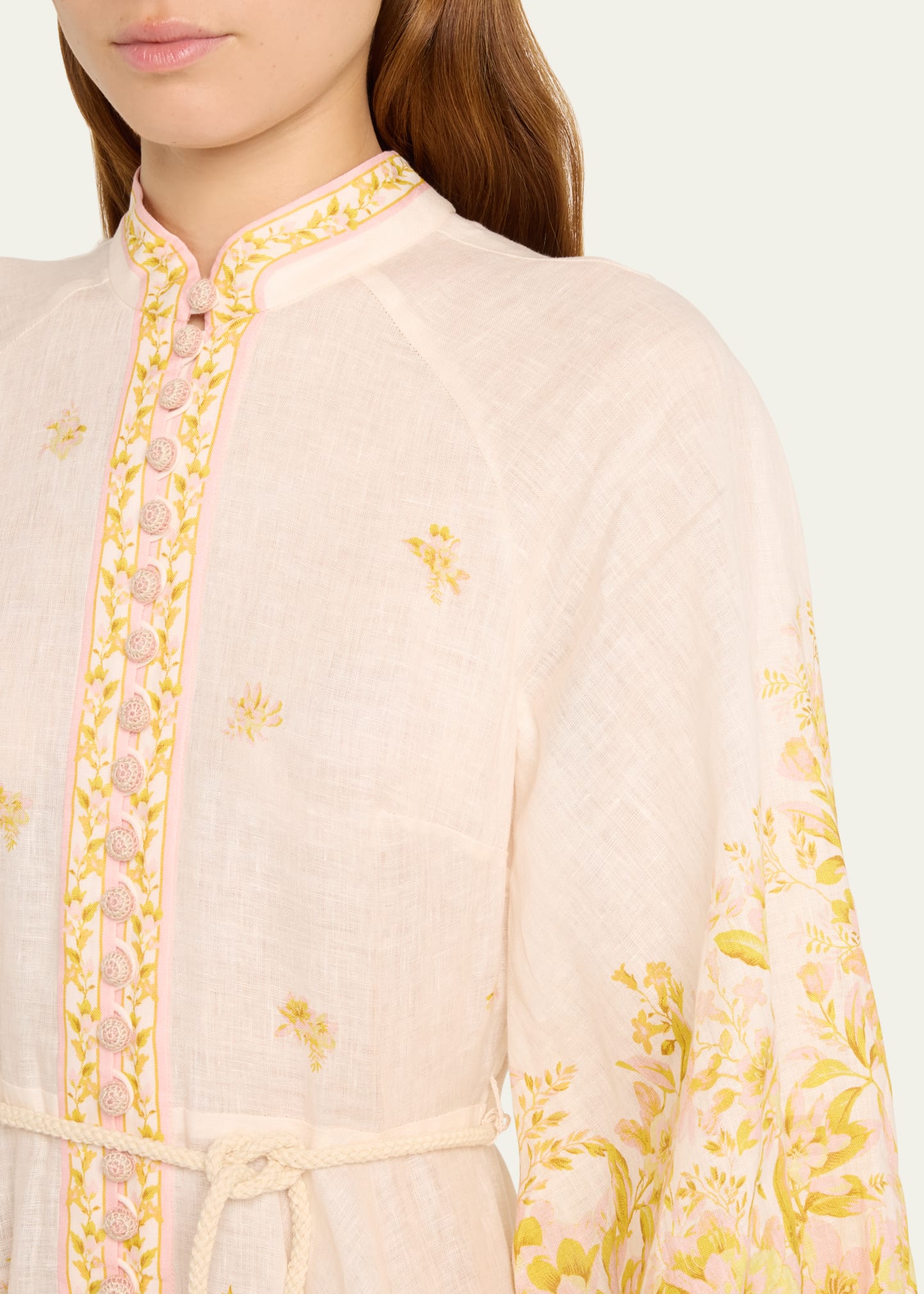 zimmermann golden buttoned mini dress Zimmermann Golden Buttoned Mini Dress in Pink & Gold Floral