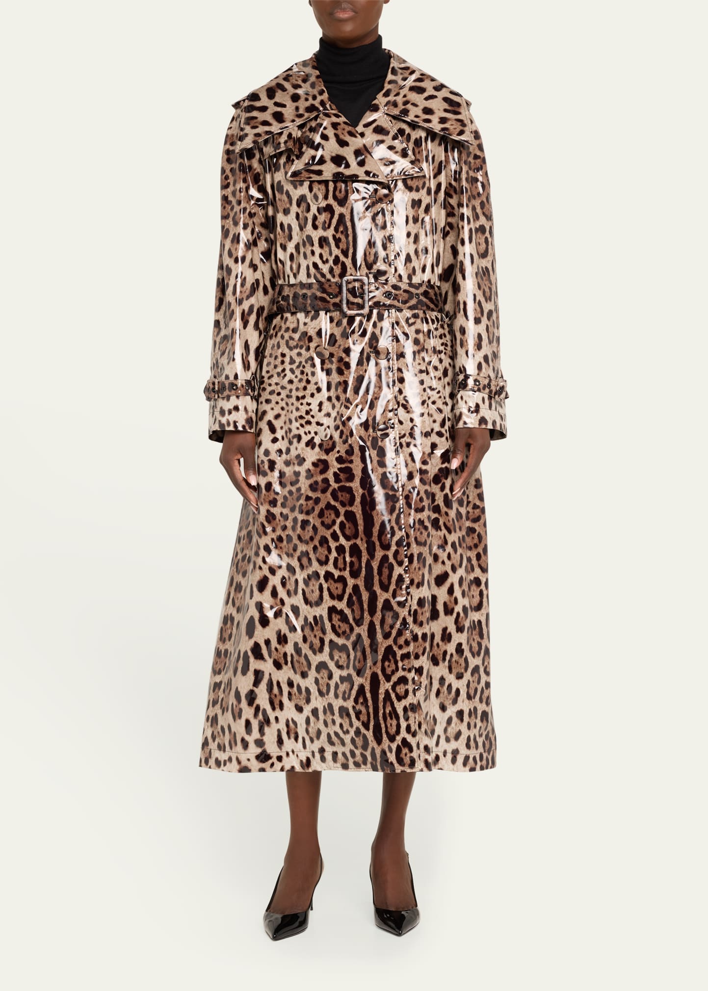 Dolce&Gabbana Leopard-Print Belted Shiny Long Trench Coat