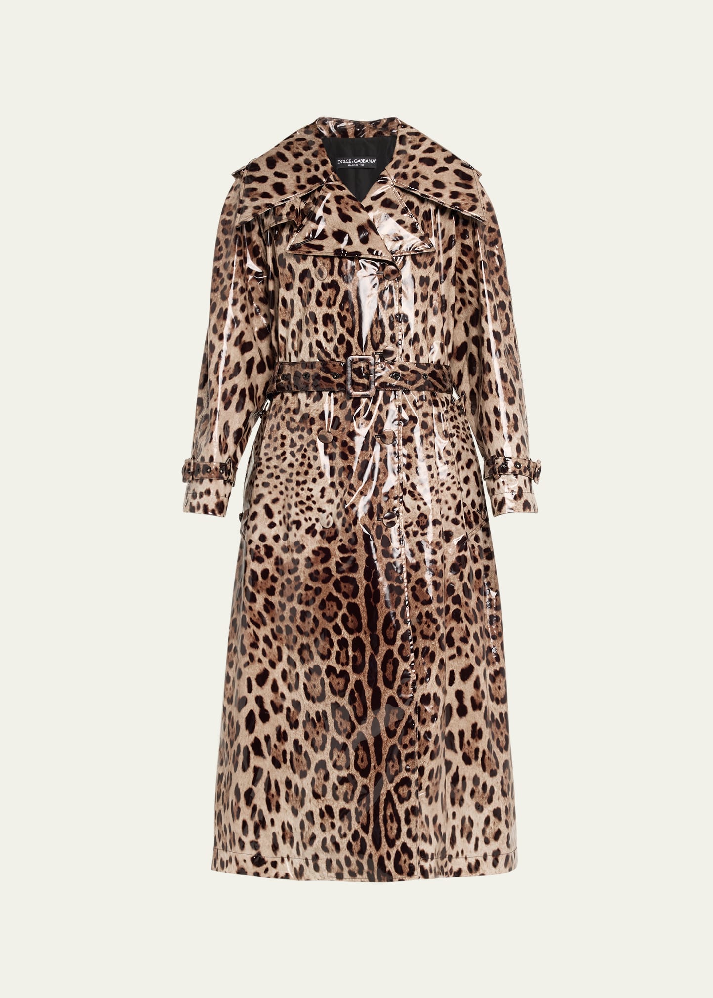 Dolce&Gabbana Leopard-Print Belted Shiny Long Trench Coat