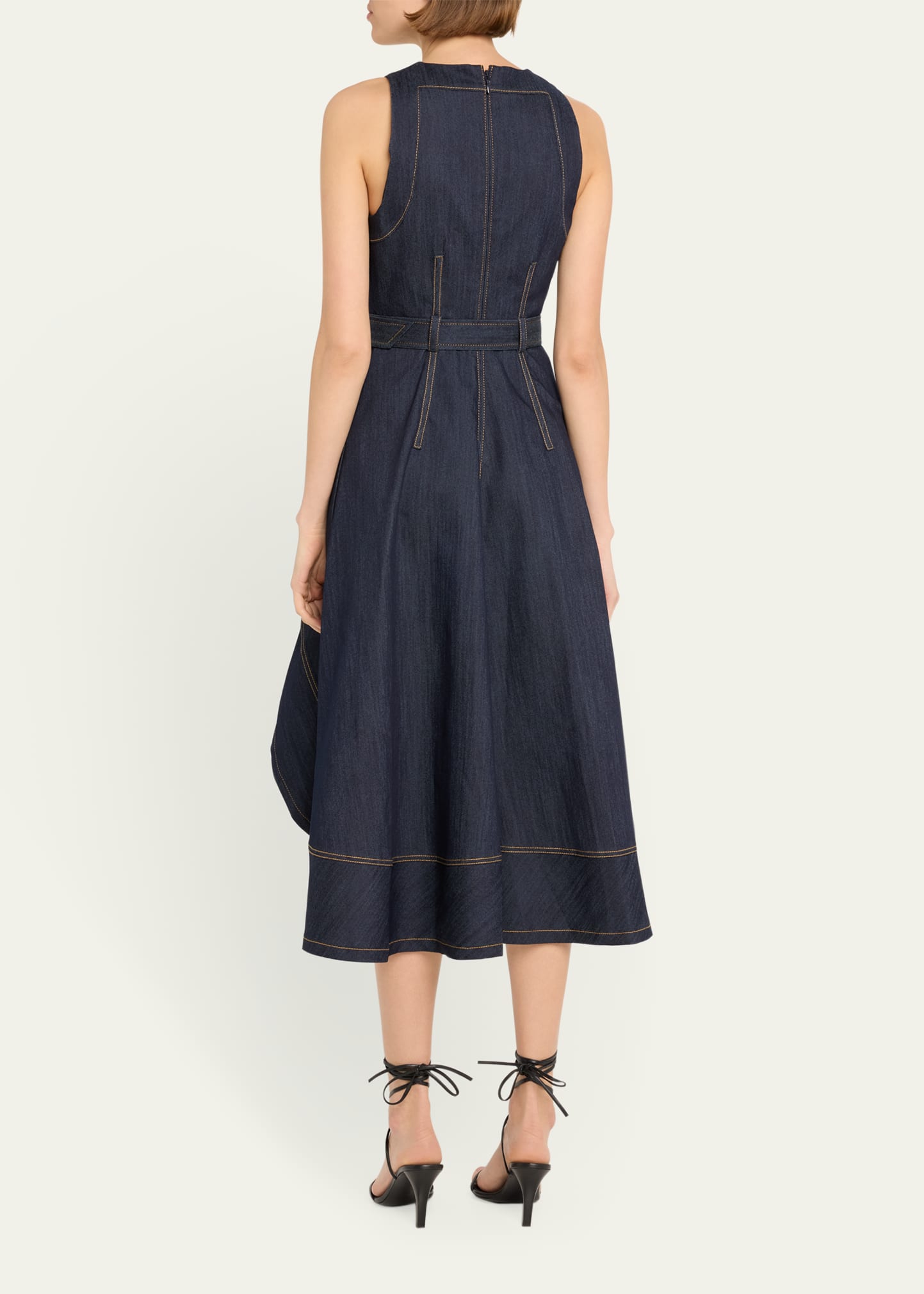 zelda belted asymmetric sleeveless denim midi dress