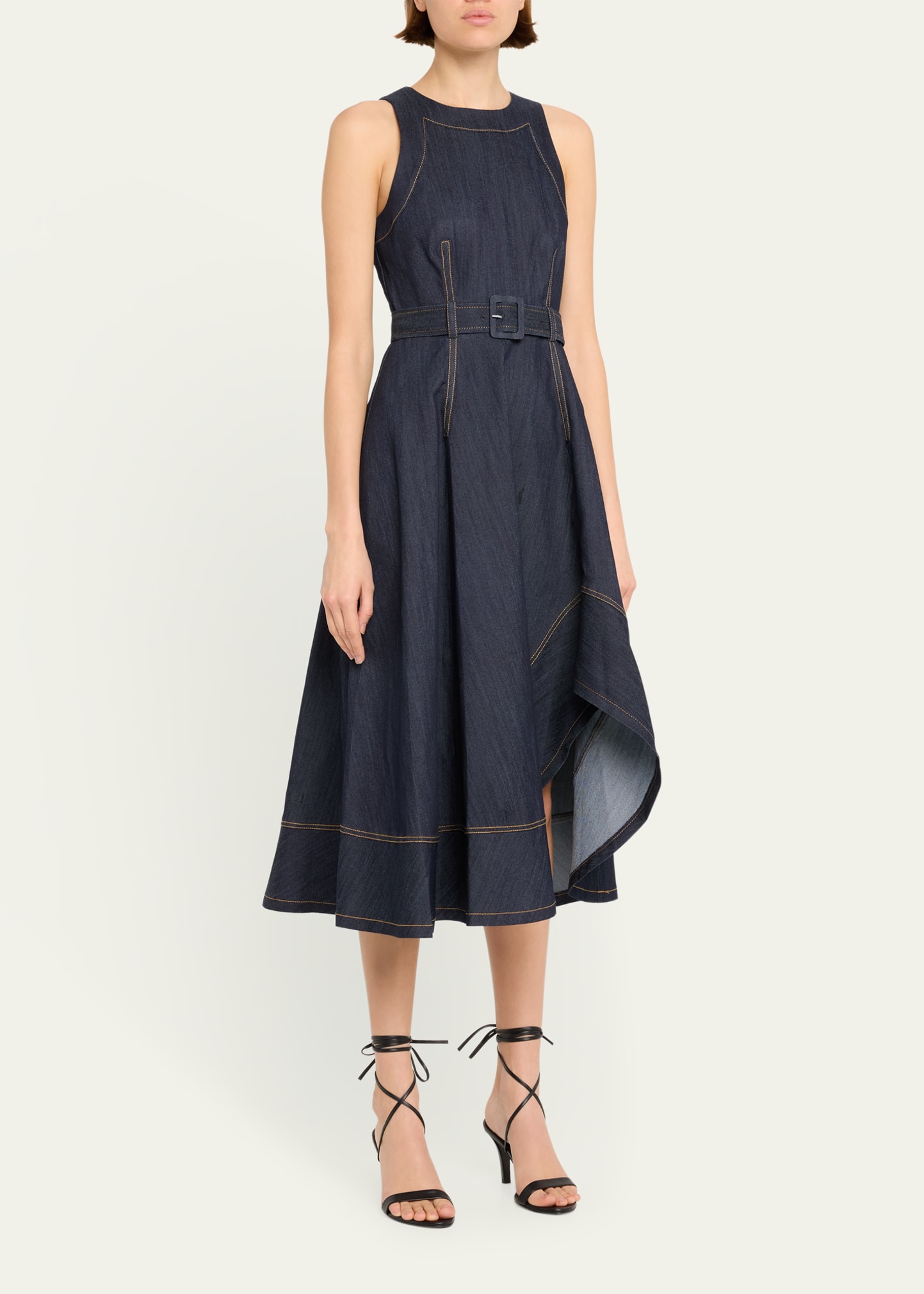 zelda belted asymmetric sleeveless denim midi dress