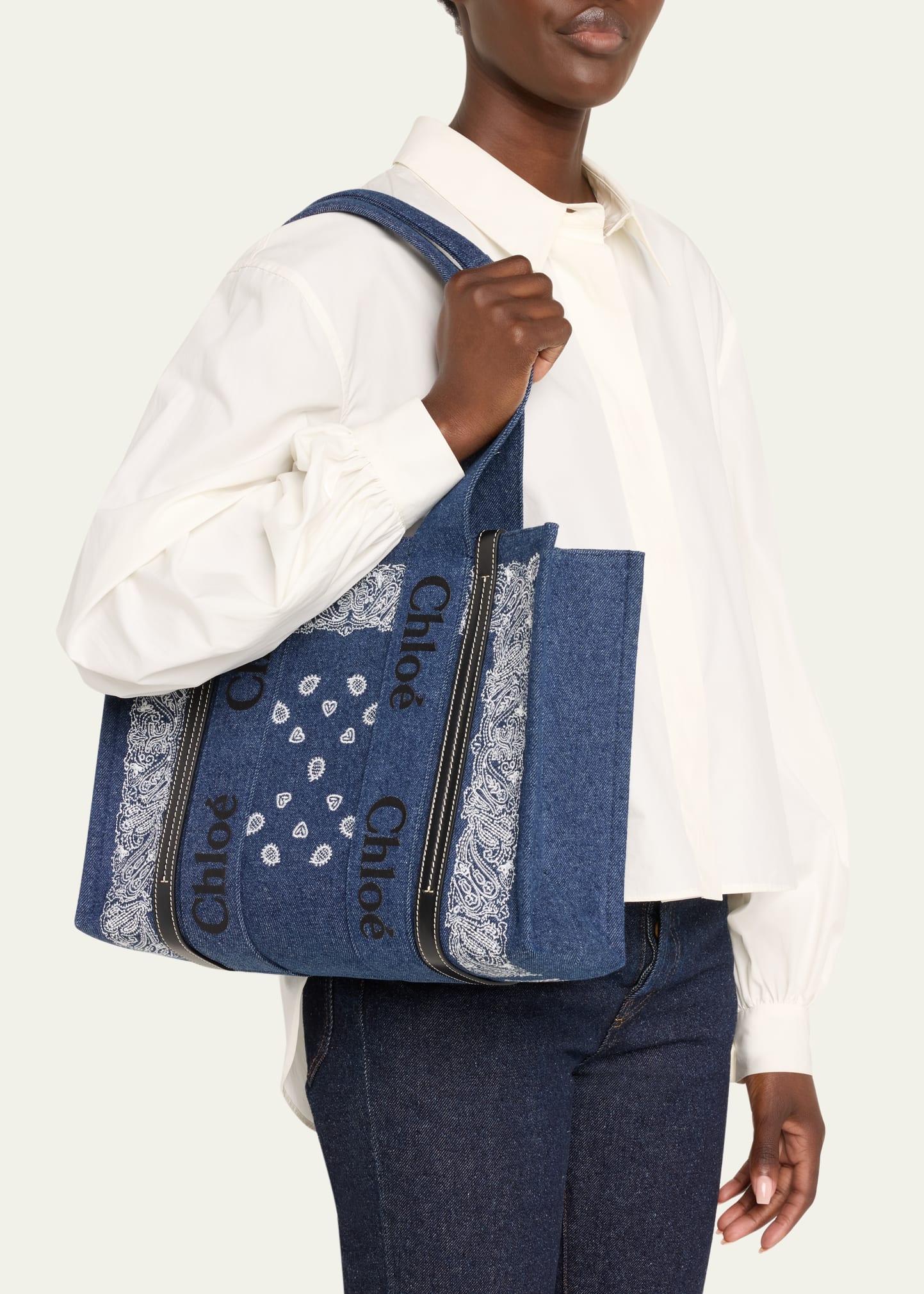 Chloe x High Summer Woody Medium Tote Bag in Bandana Embroidered