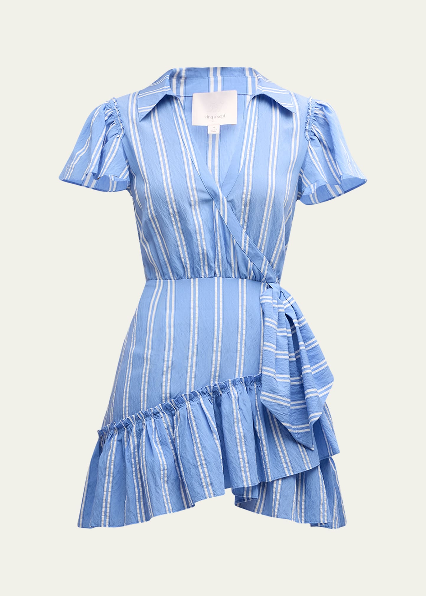 lila asymmetric ruffle faux-wrap mini dress