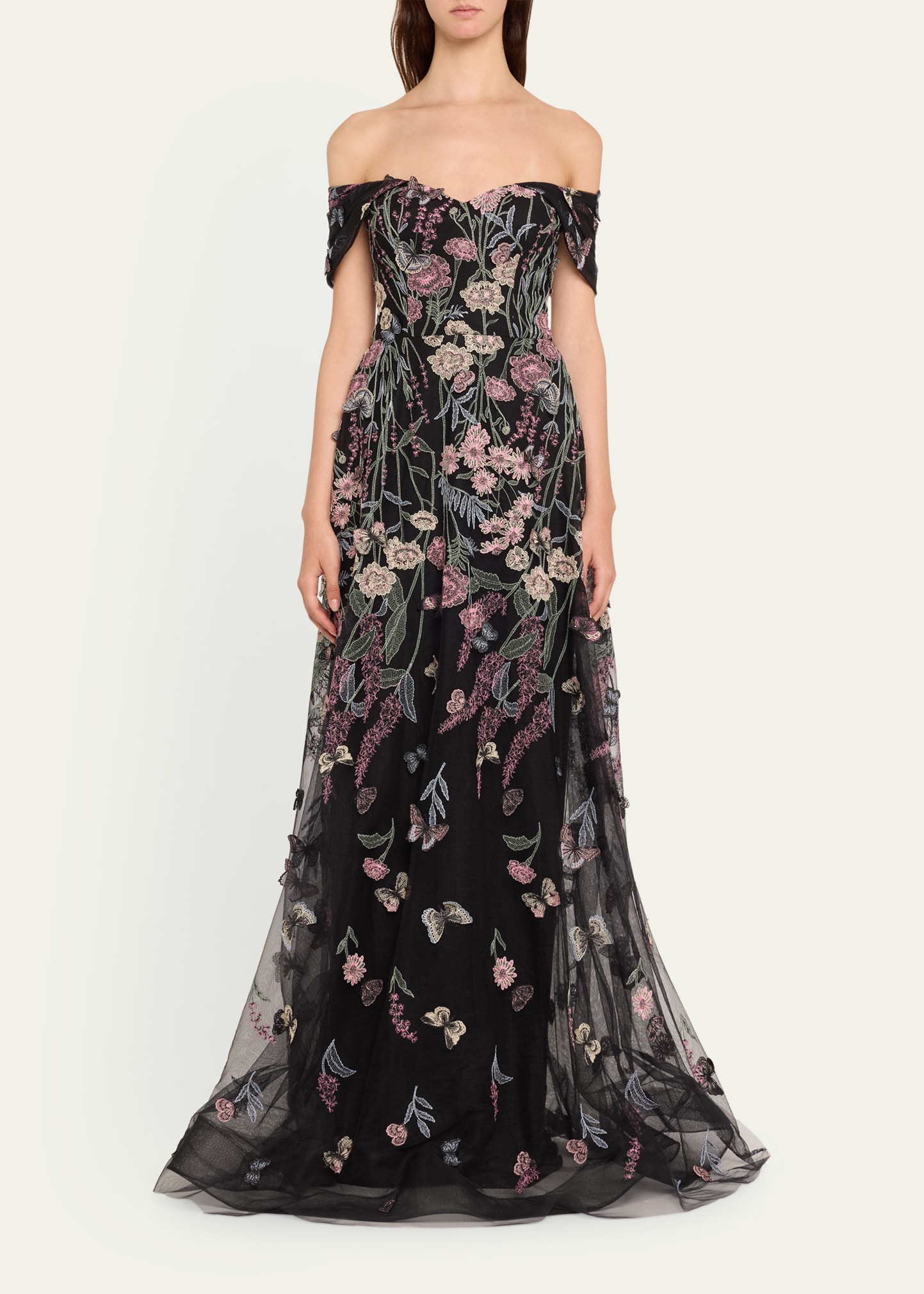 teri jon by rickie freeman crepe off-the-shoulder embroidered tulle dress Teri Jon By Rickie Freeman Women's Floral-Embroidered One-Shoulder Tulle Gown - Blush Multi