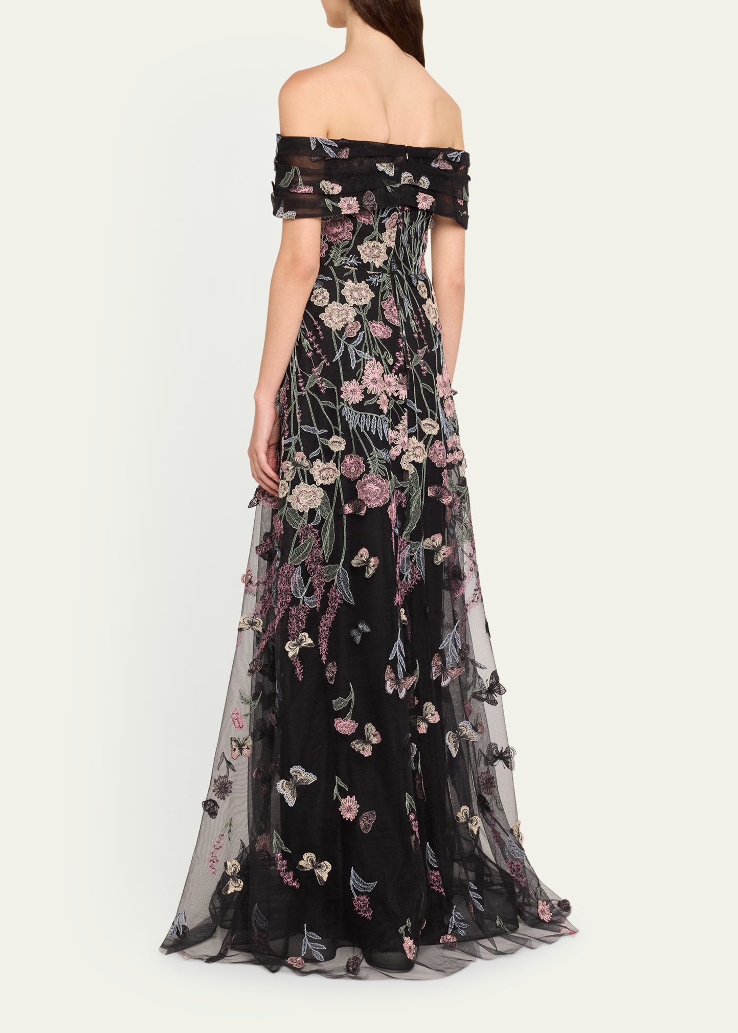 teri jon by rickie freeman crepe off-the-shoulder embroidered tulle dress Teri Jon Floral Embroidered Tulle Elbow Sleeve Gown - Sage Multi