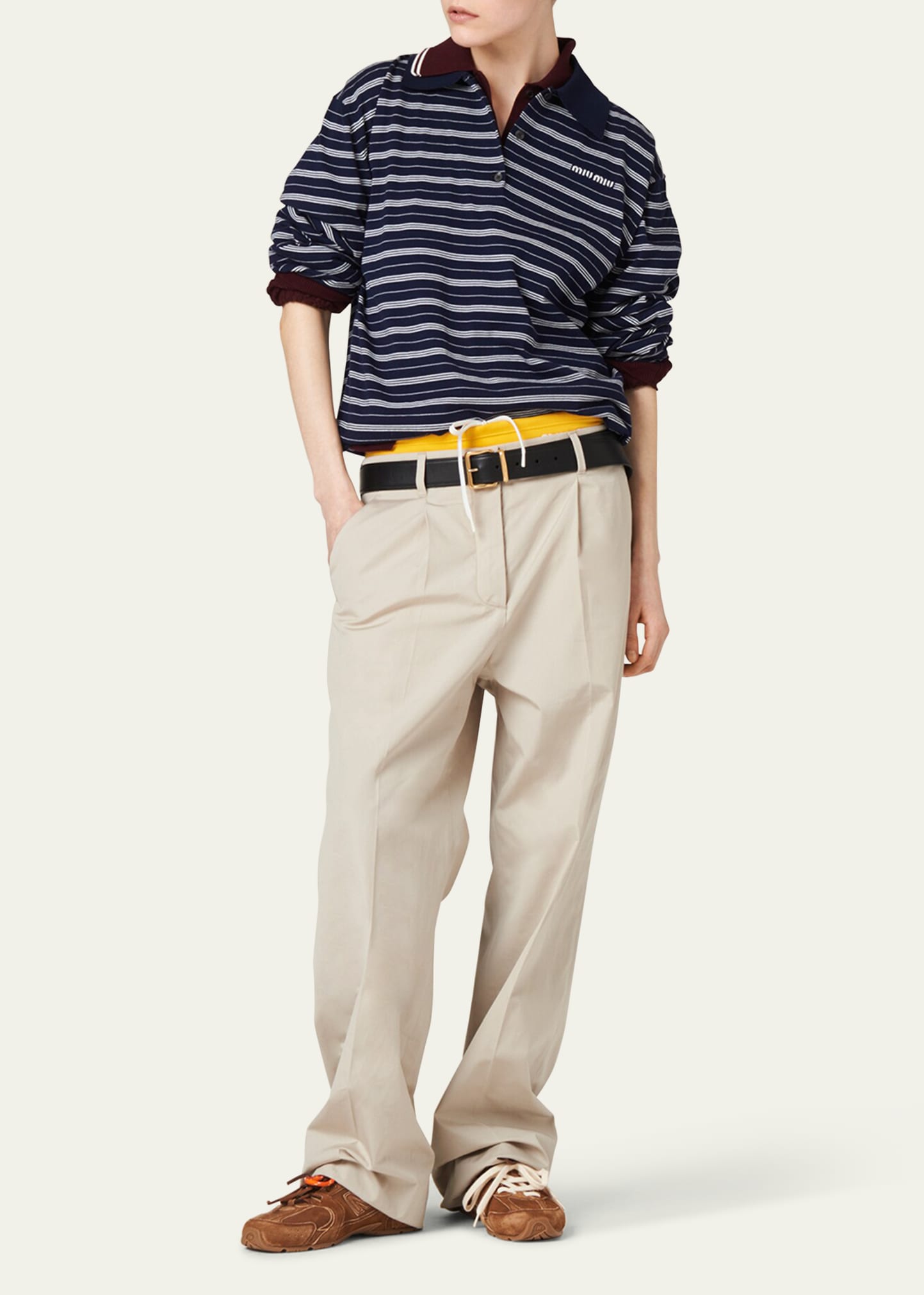Miu Miu Striped Polo Top with Logo Embroidery - Bergdorf Goodman