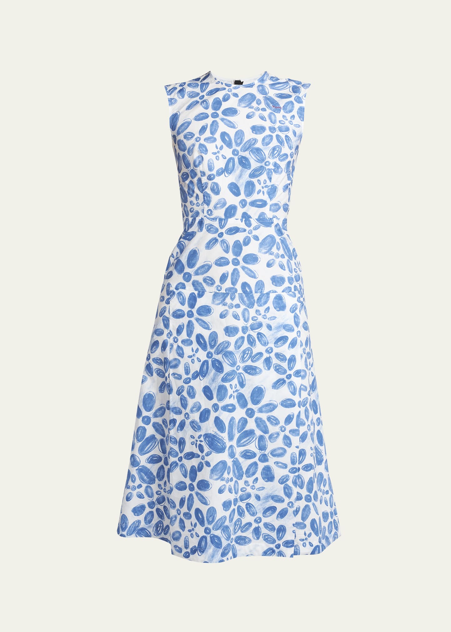 Marni Floral Print Midi Dress With Hand-Stitched Logo Embroidery