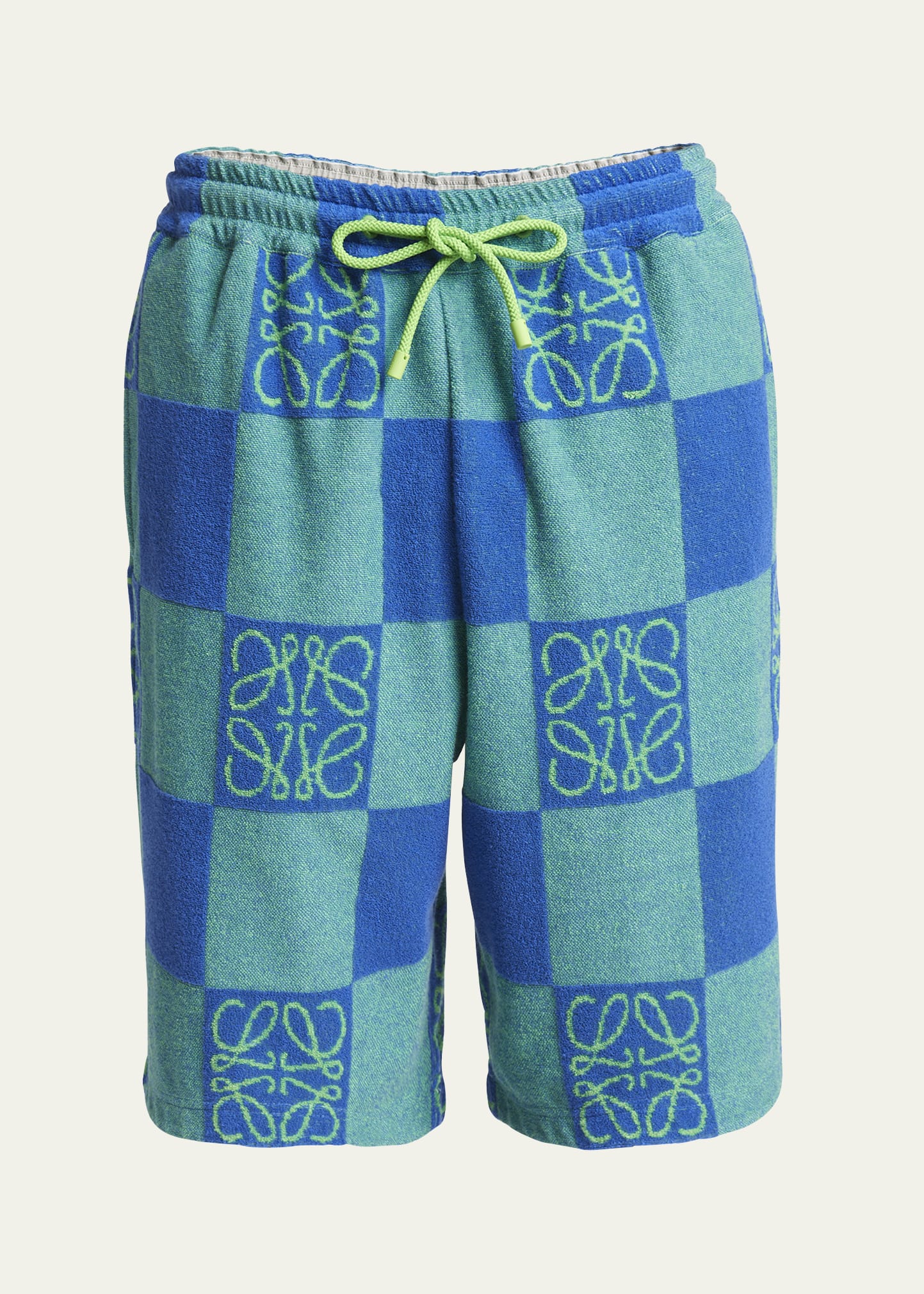 Loewe Men's Towel Terry Checkerboard Anagram Shorts - Bergdorf Goodman