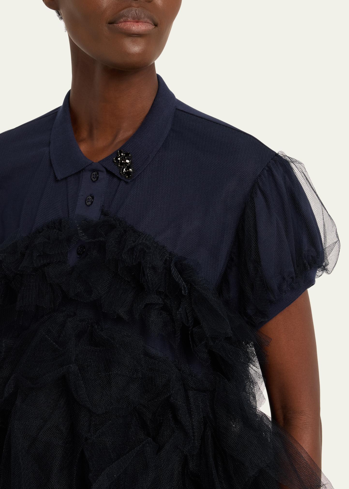 Simone Rocha Puff-Sleeve Tulle Frill Crystal Polo Shirt - Bergdorf