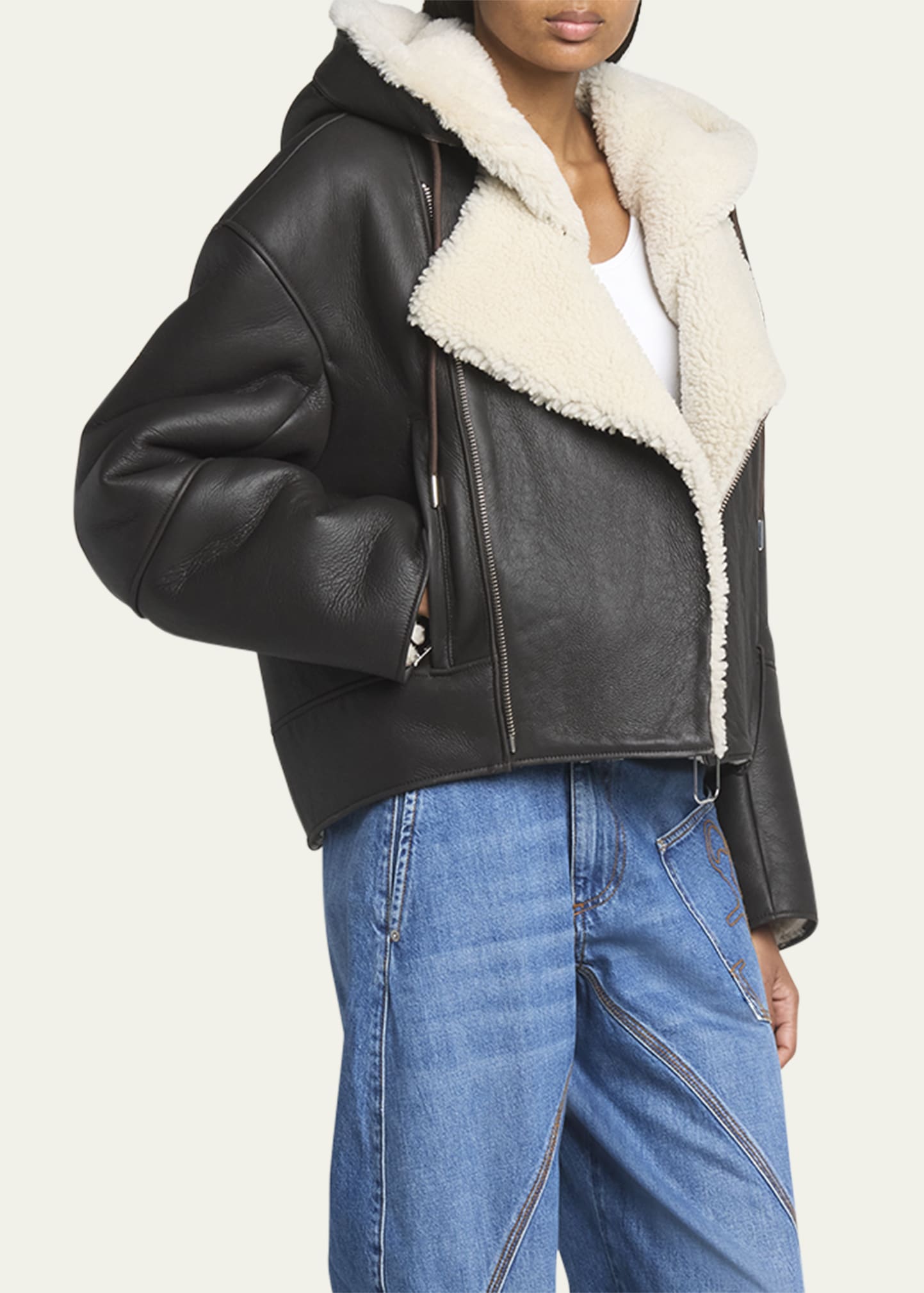 JW Anderson Shearling Hooded Leather Biker Jacket - Bergdorf Goodman