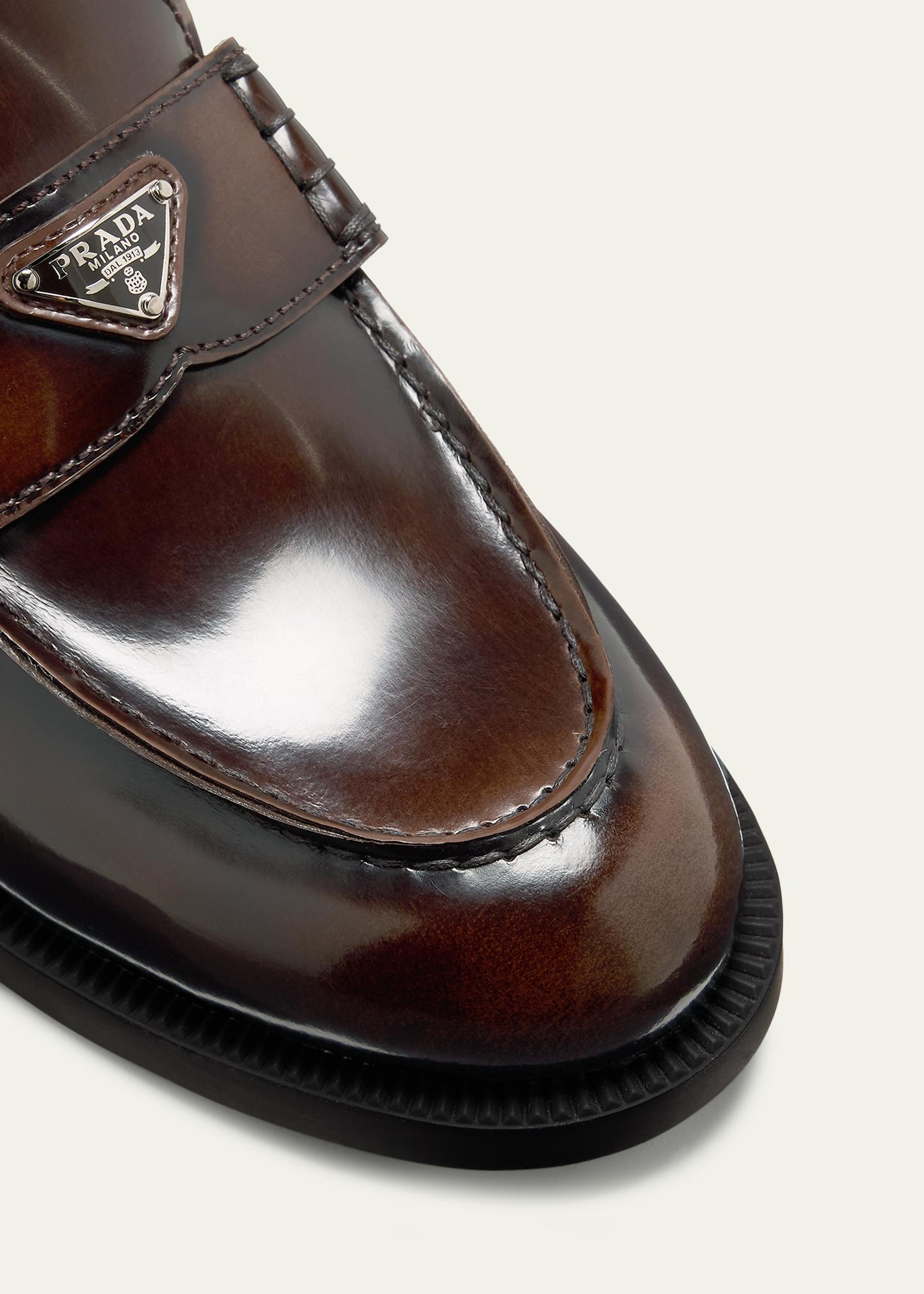 Prada Polished Calf Leather Loafers With Metallic Emblem - NWT PRADA || Luxury Metal Logo Calf Leather Loafers For Men  main image 2