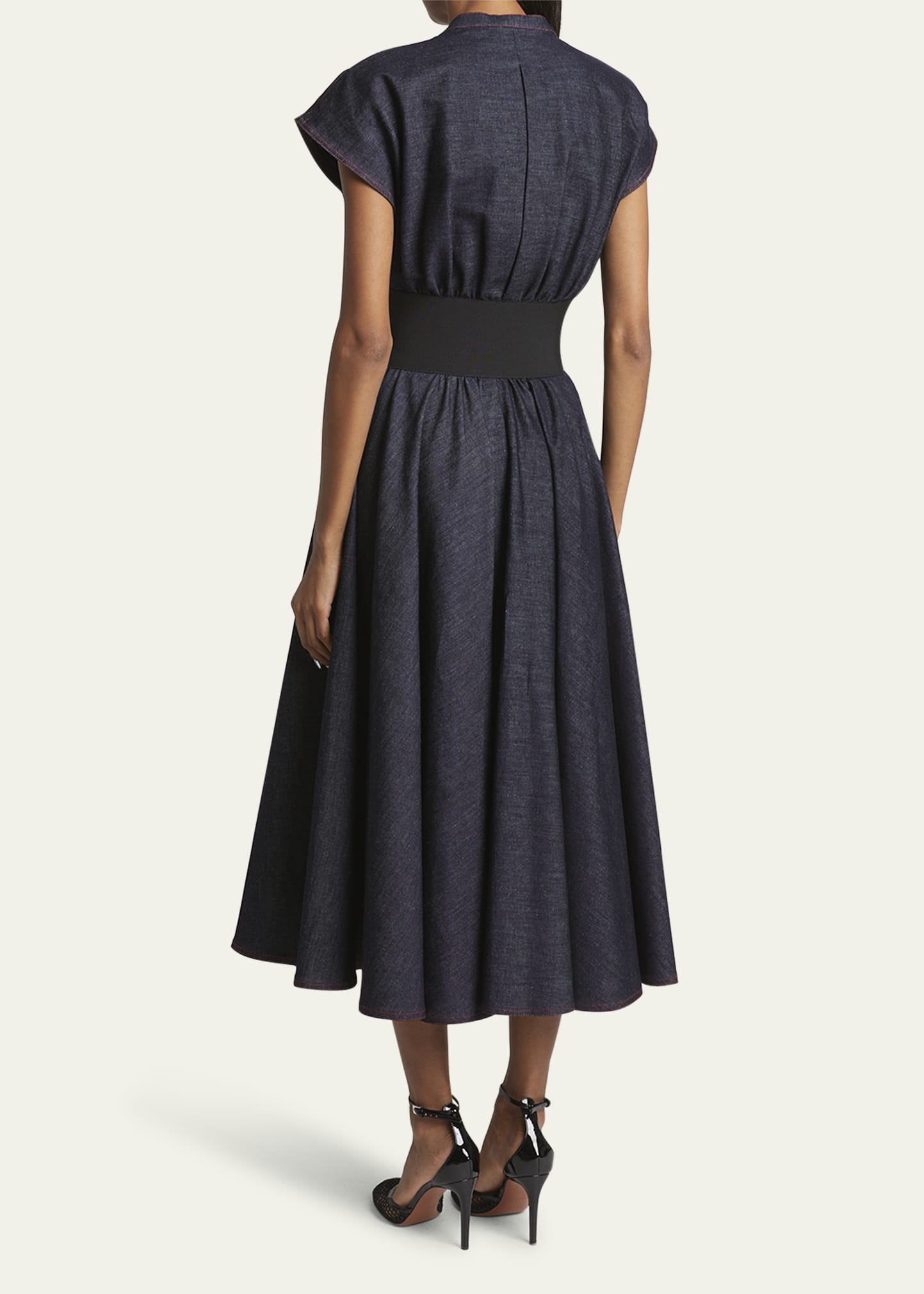 alaia belted denim midi wrap dress AlaA Wrap Denim Dress - Blue