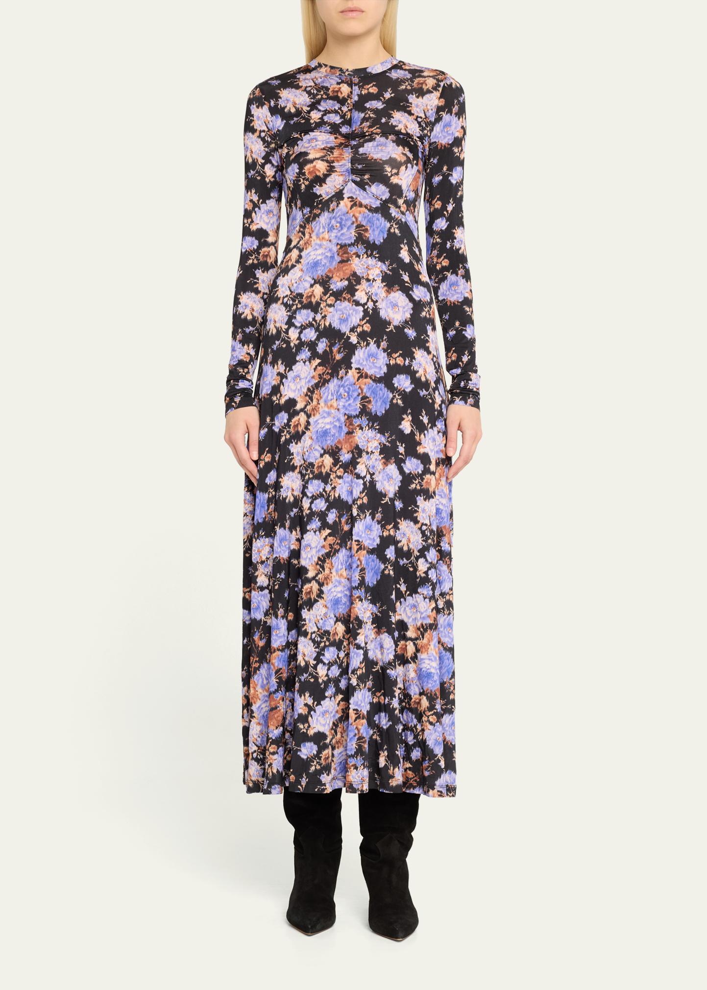 ulla johnson naia ruched printed jersey maxi dress Long-Sleeve Ocean flora