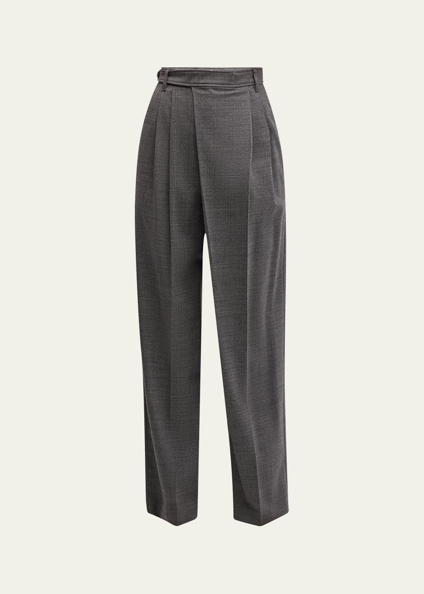 Brunello Cucinelli Stretch Wool Grisaille Crossover-Waist Wide-Leg