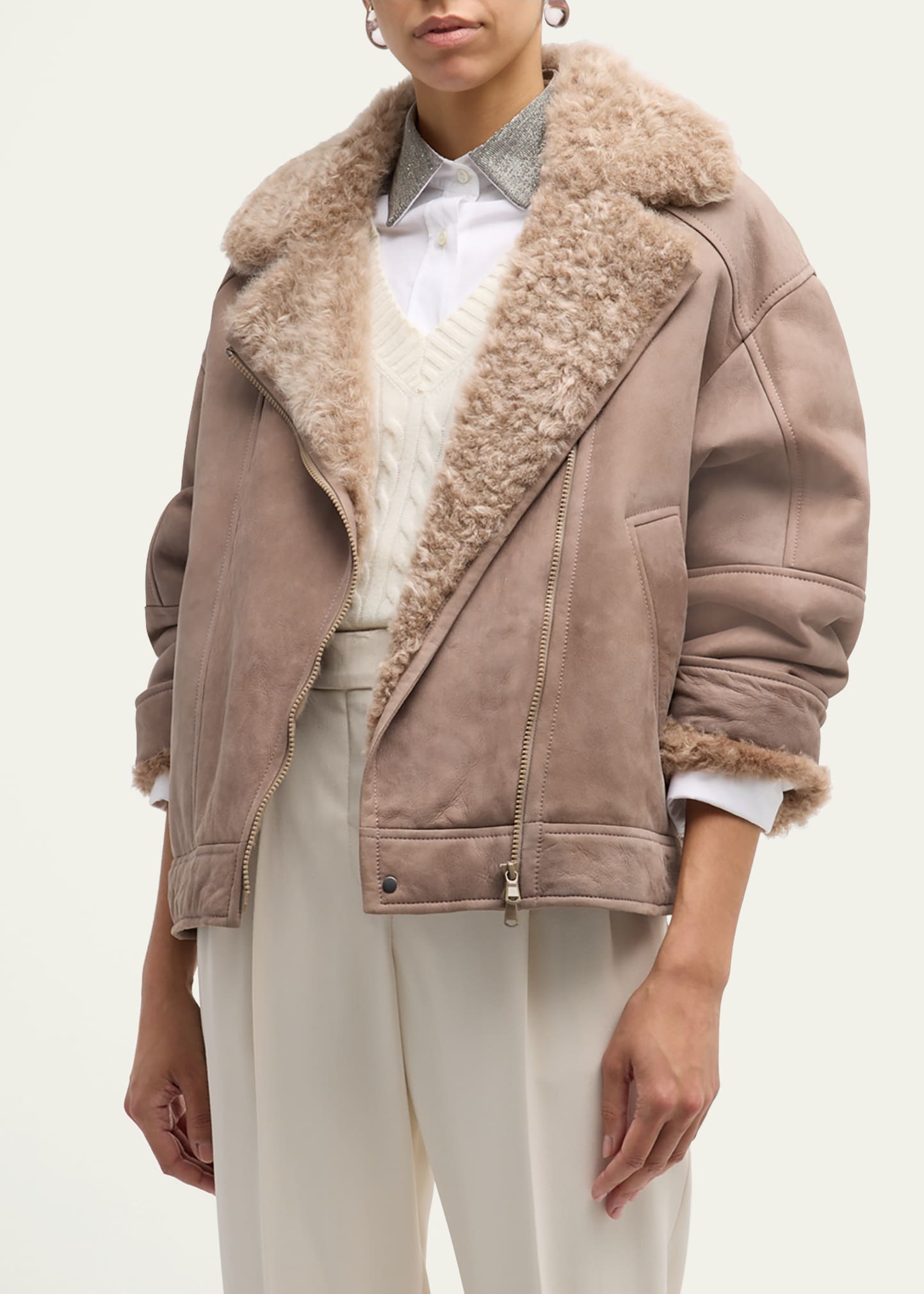 Brunello Cucinelli Bonded Suede With Shearling Oversized Moto