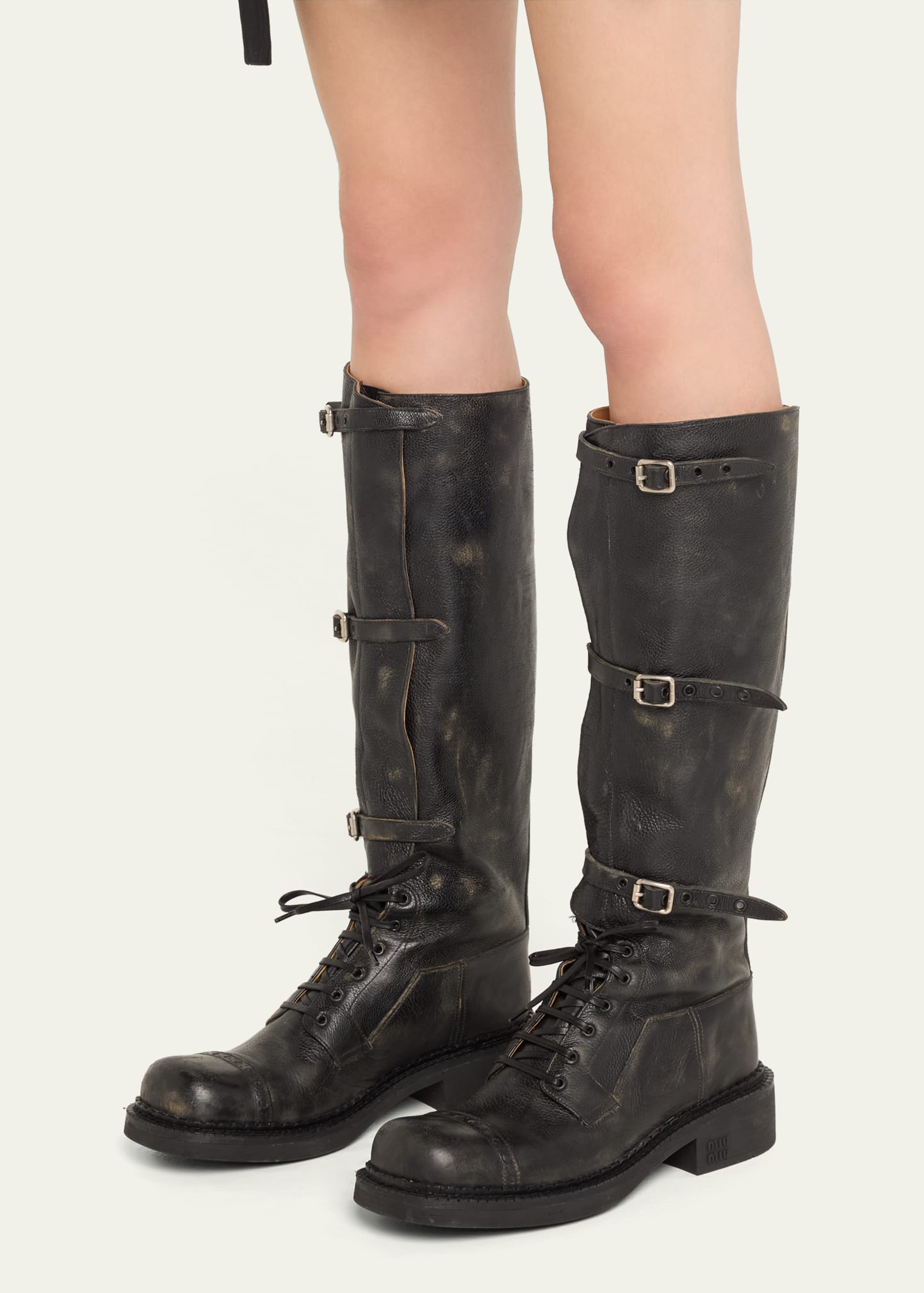 Miu Miu Antic Buckle Distressed Leather Knee-High Boots - Bergdorf