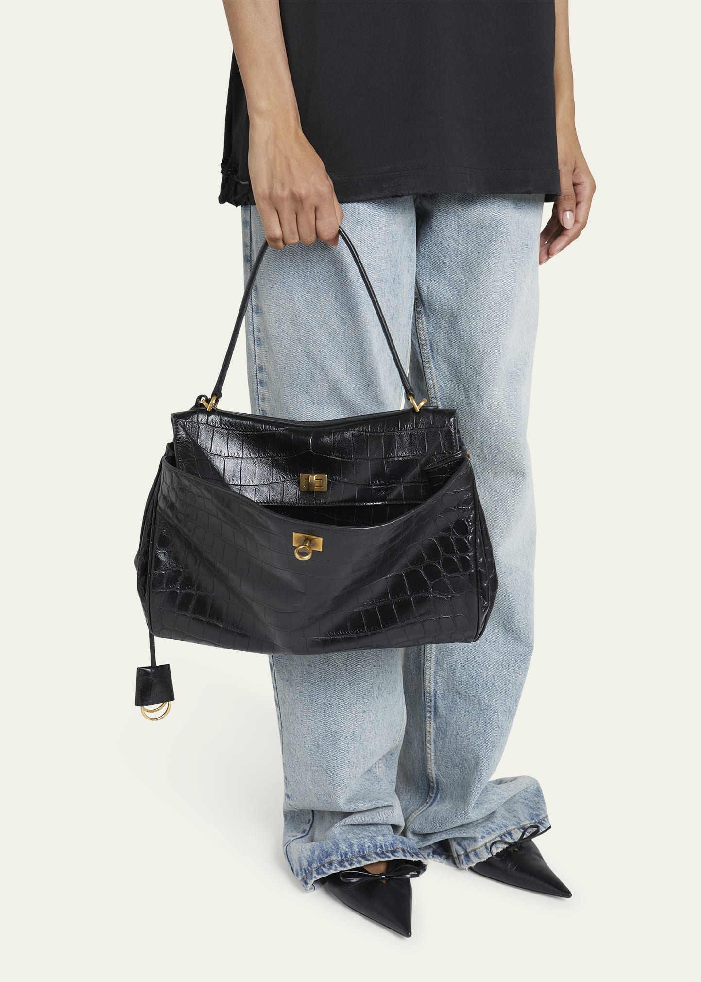 Balenciaga Rodeo Medium Croc-Embossed Top-Handle Bag