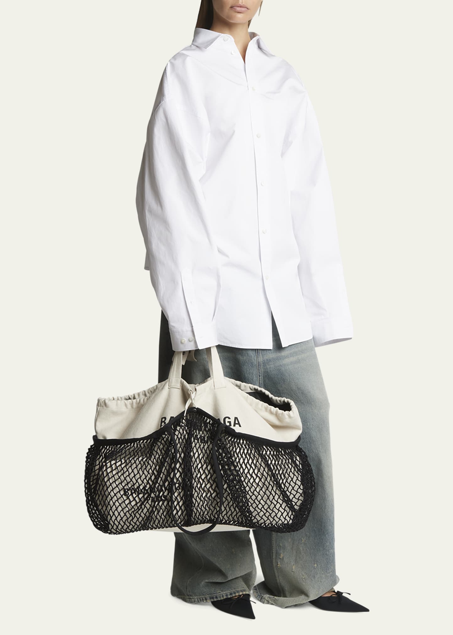Balenciaga 24/7 Medium Washed Canvas and Fishnet Tote Bag