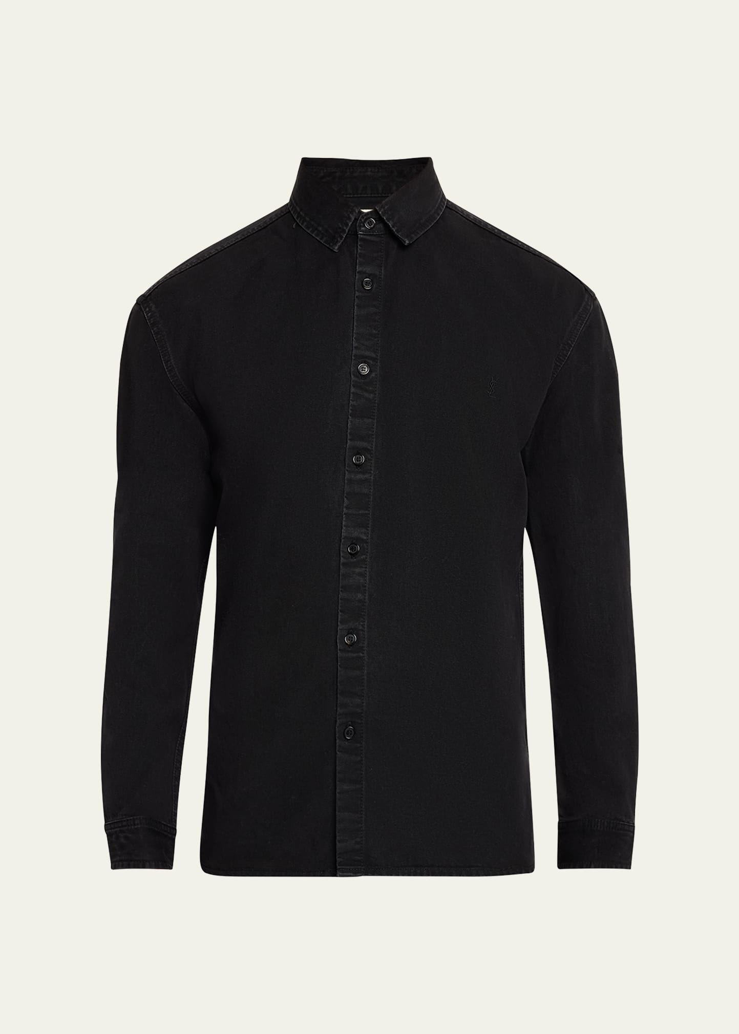 Saint Laurent Men's Denim Overshirt with Cassandra Logo